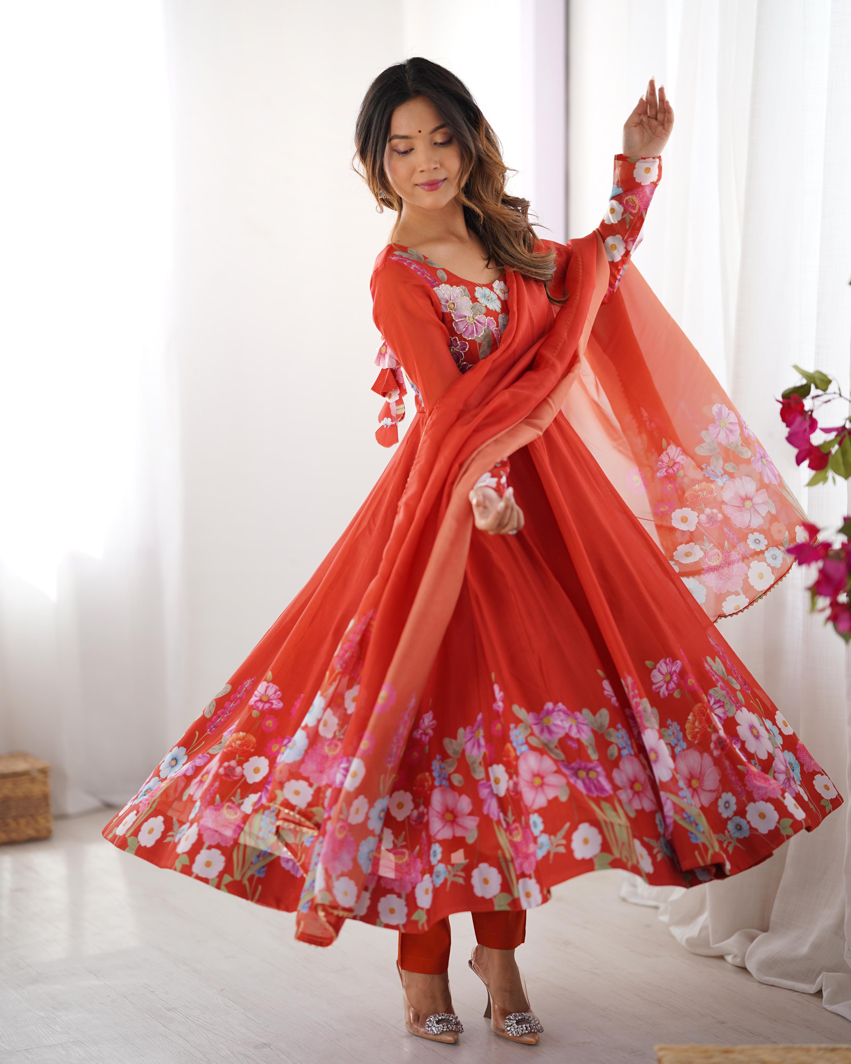 Rust Pure Soft Organza Anarkali Suit Set With Huge Flair, Dupatta & Pant