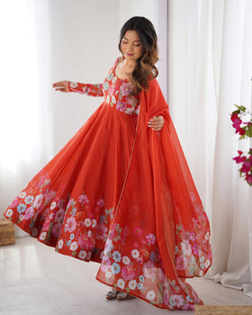 Rust Pure Soft Organza Anarkali Suit Set With Huge Flair, Dupatta & Pant