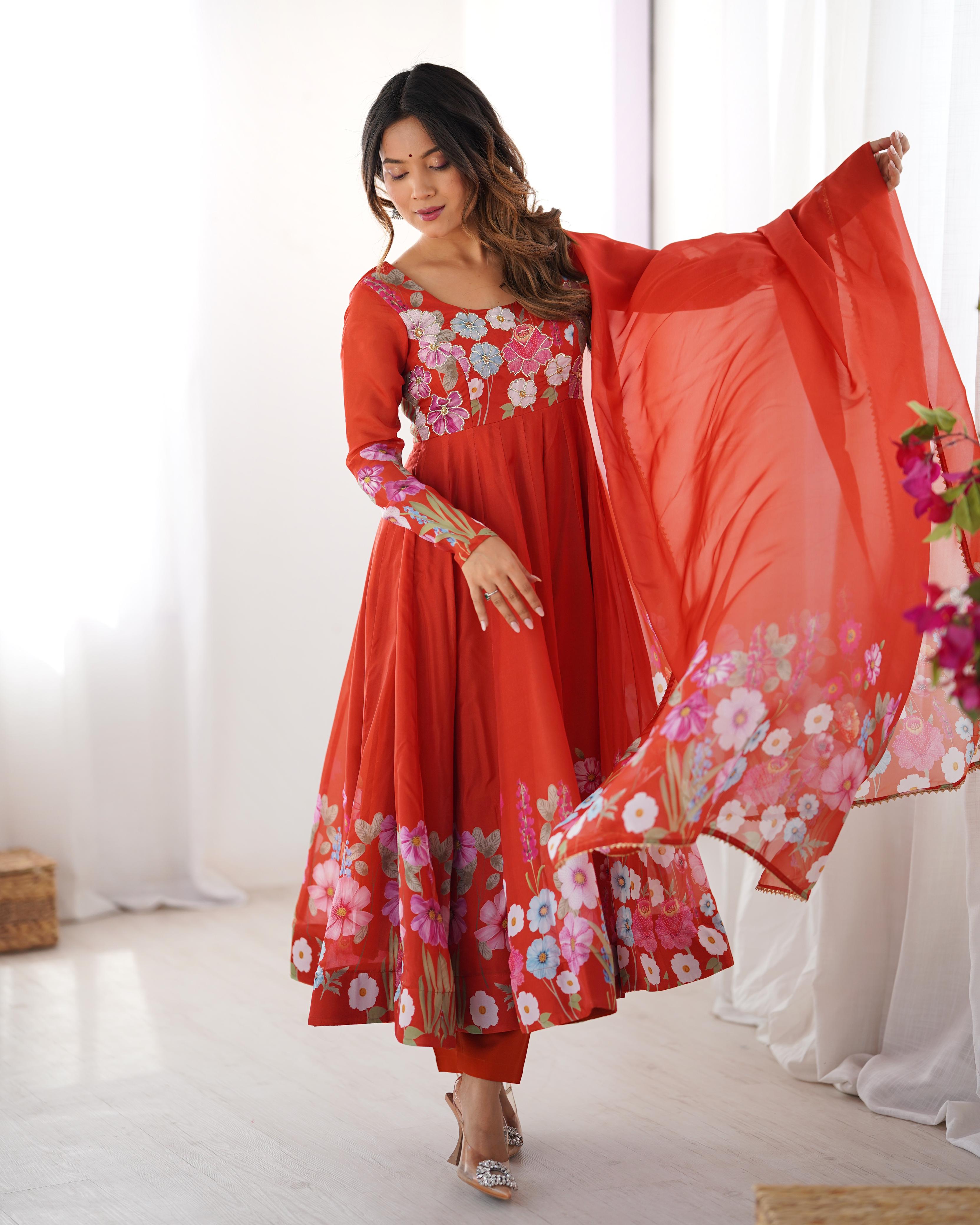 Rust Pure Soft Organza Anarkali Suit Set With Huge Flair, Dupatta & Pant