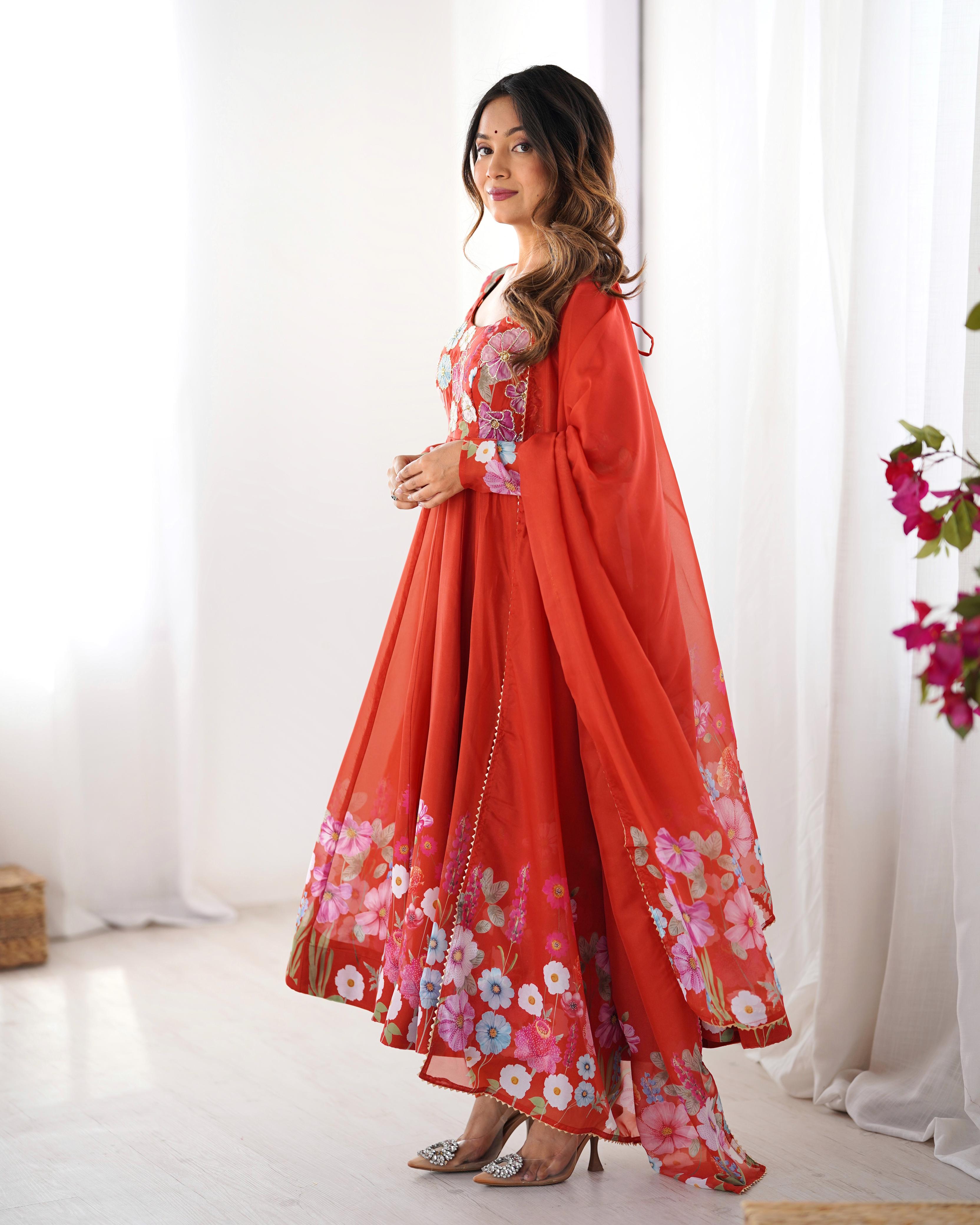 Rust Pure Soft Organza Anarkali Suit Set With Huge Flair, Dupatta & Pant