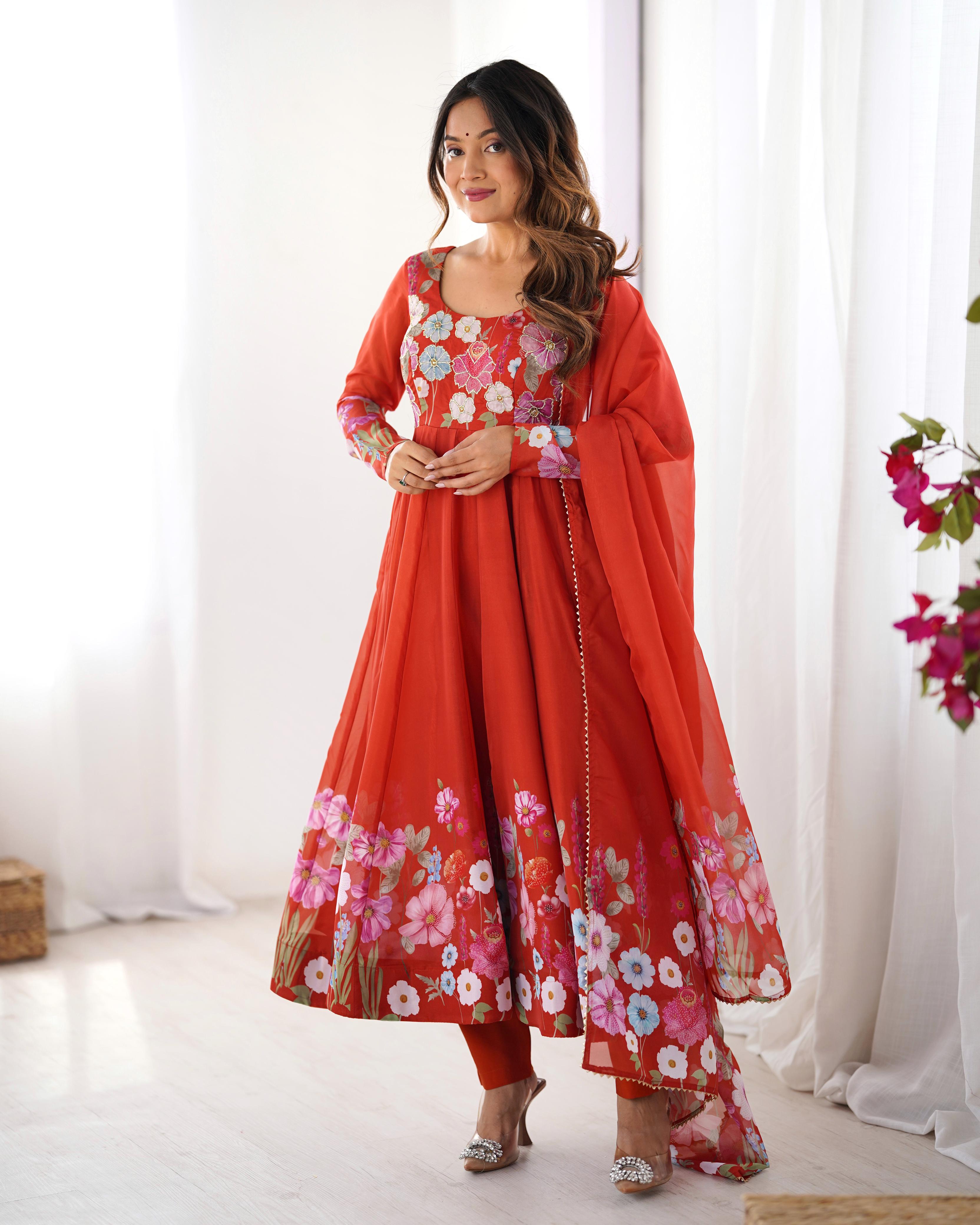 Rust Pure Soft Organza Anarkali Suit Set With Huge Flair, Dupatta & Pant