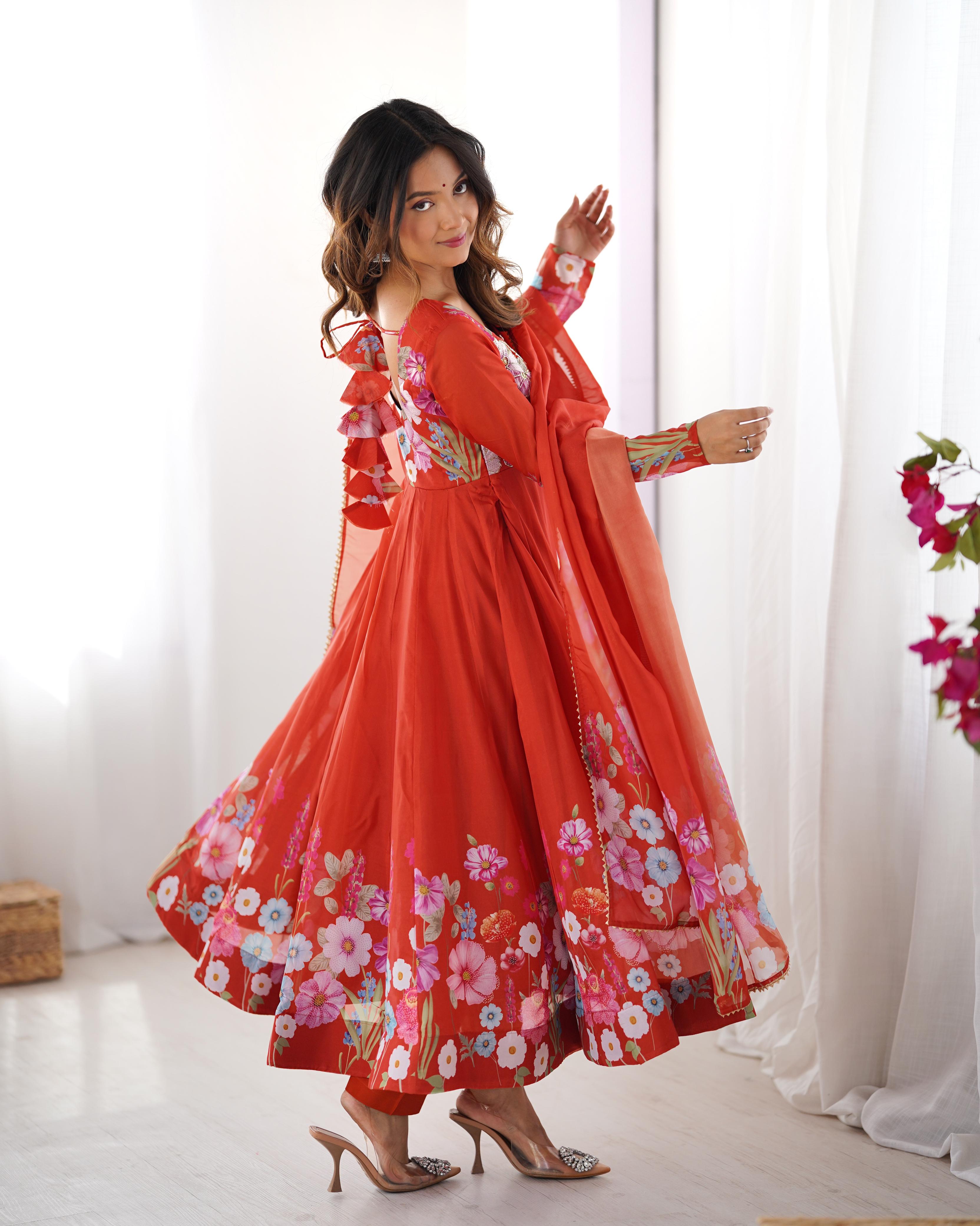 Rust Pure Soft Organza Anarkali Suit Set With Huge Flair, Dupatta & Pant
