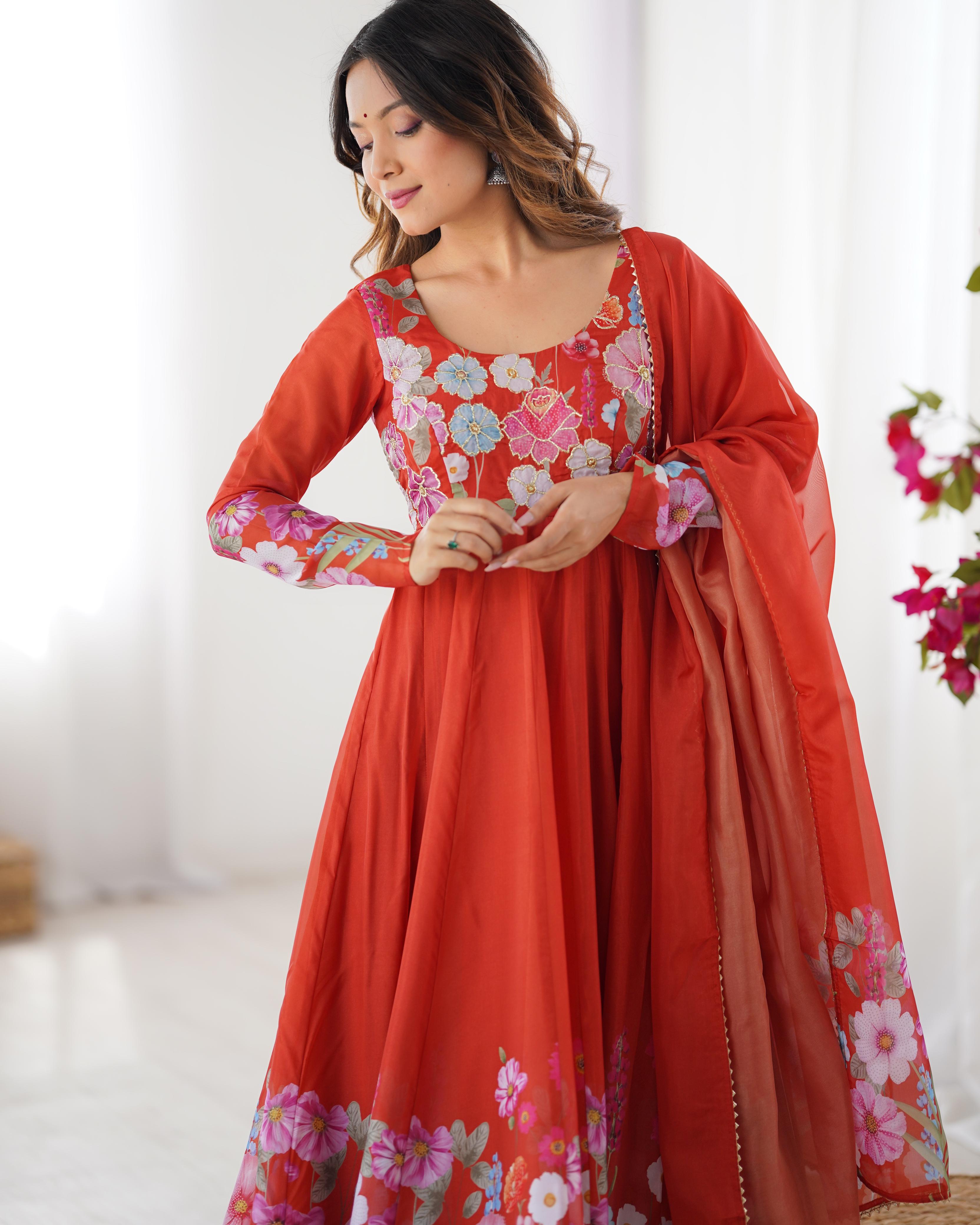 Rust Pure Soft Organza Anarkali Suit Set With Huge Flair, Dupatta & Pant