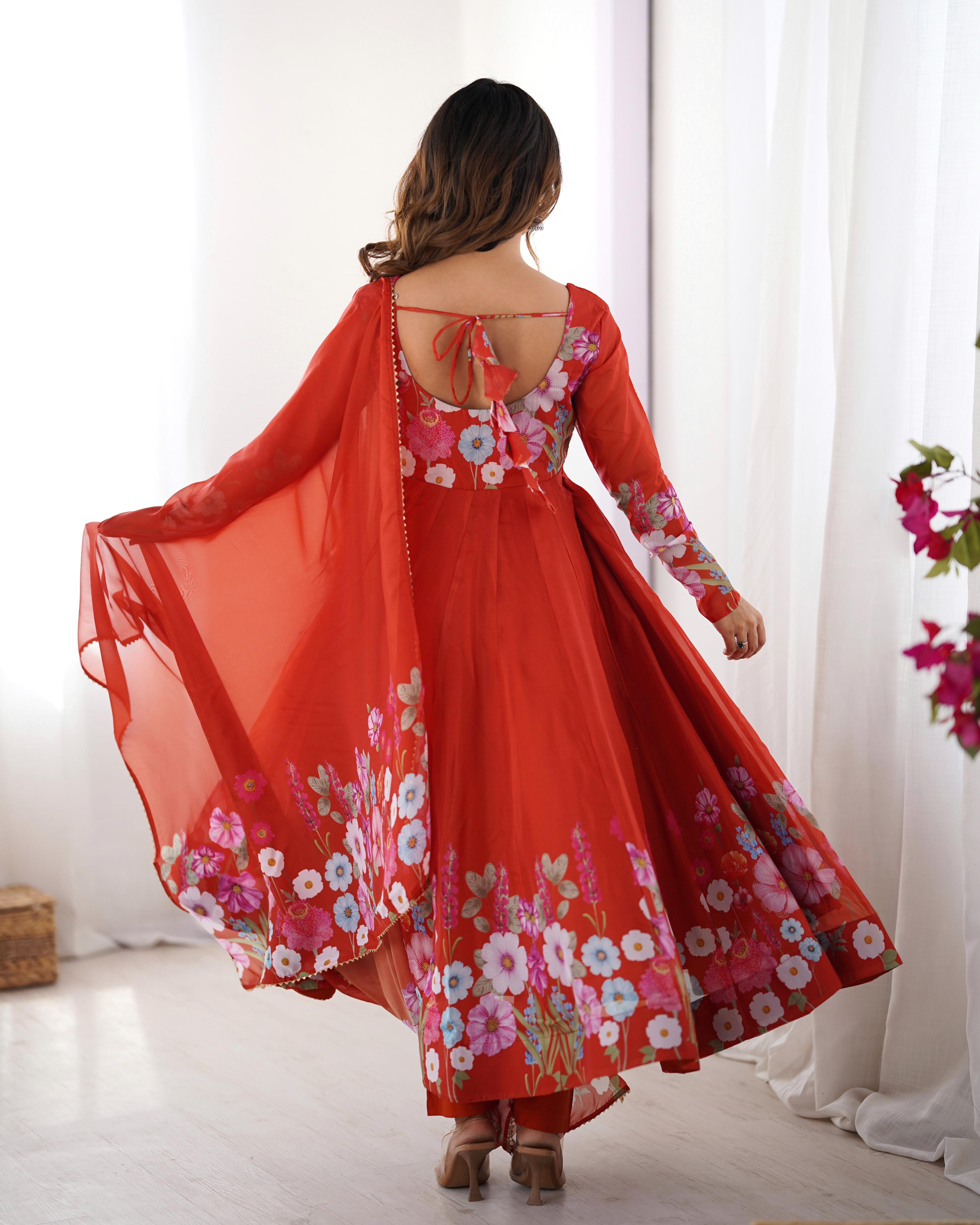 Rust Pure Soft Organza Anarkali Suit Set With Huge Flair, Dupatta & Pant