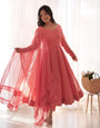 Peach Pure Soft Fox Georgette Anarkali Suit Set With Huge Flair, Dupatta & Pant