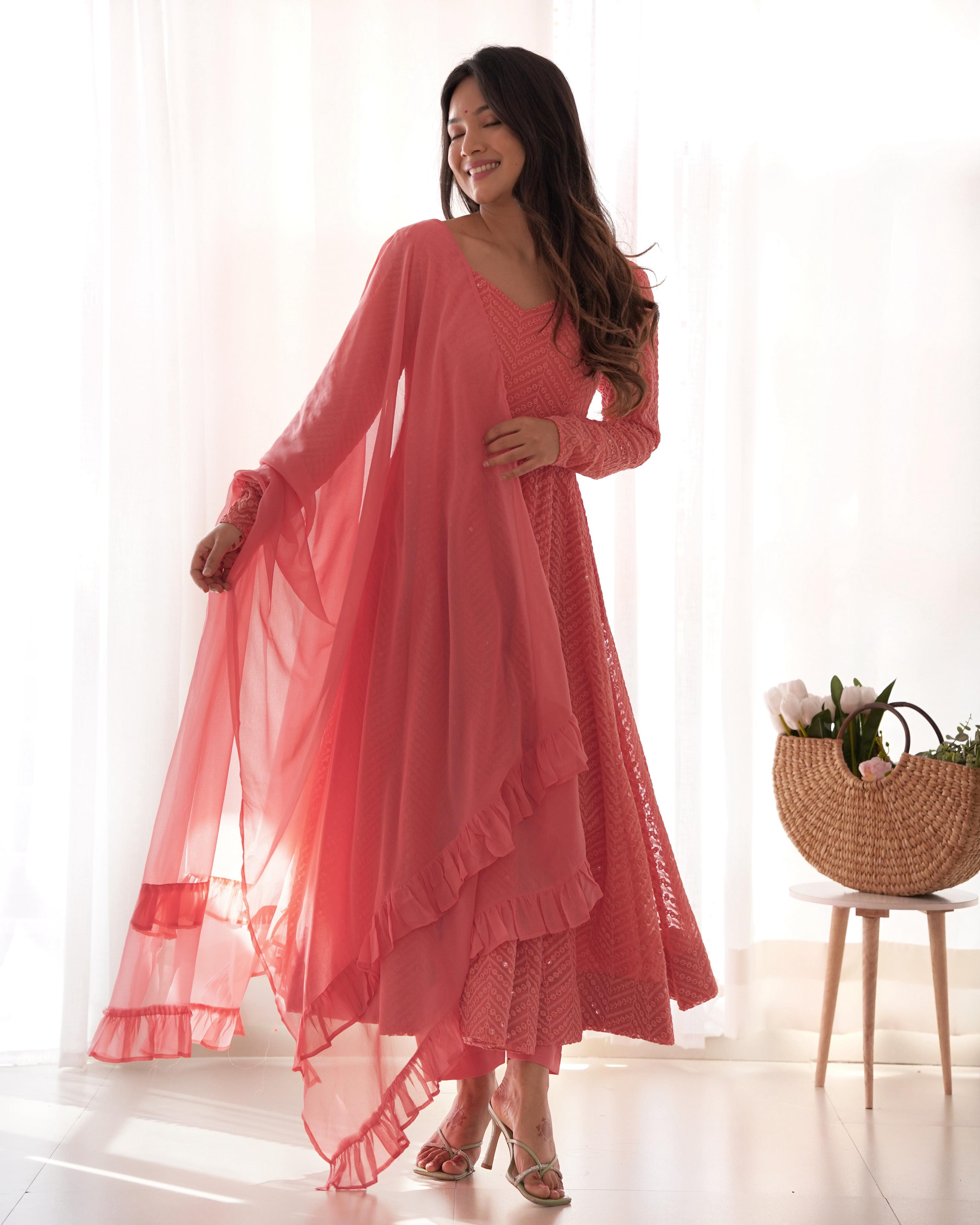 Peach Pure Soft Fox Georgette Anarkali Suit Set With Huge Flair, Dupatta & Pant