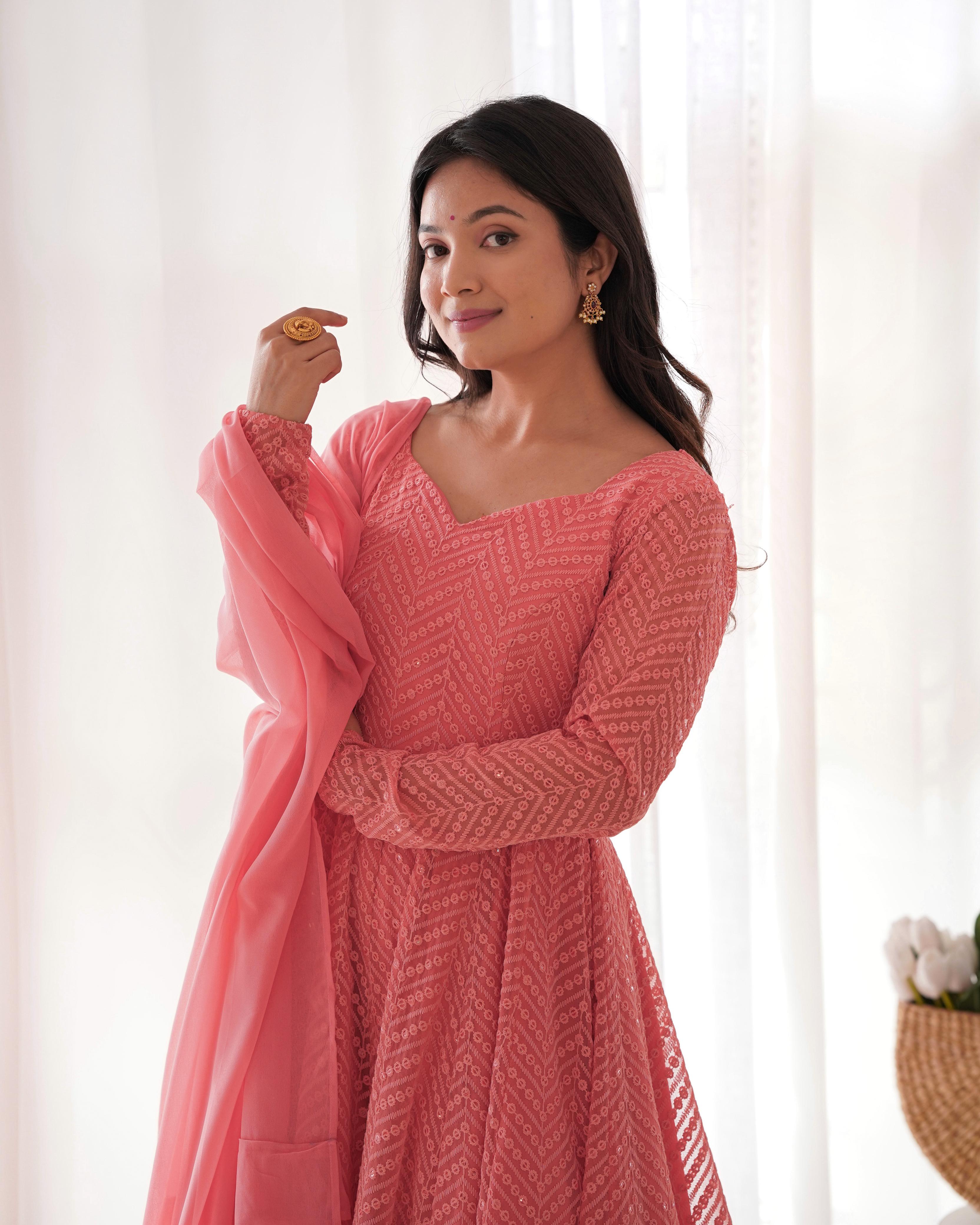 Peach Pure Soft Fox Georgette Anarkali Suit Set With Huge Flair, Dupatta & Pant
