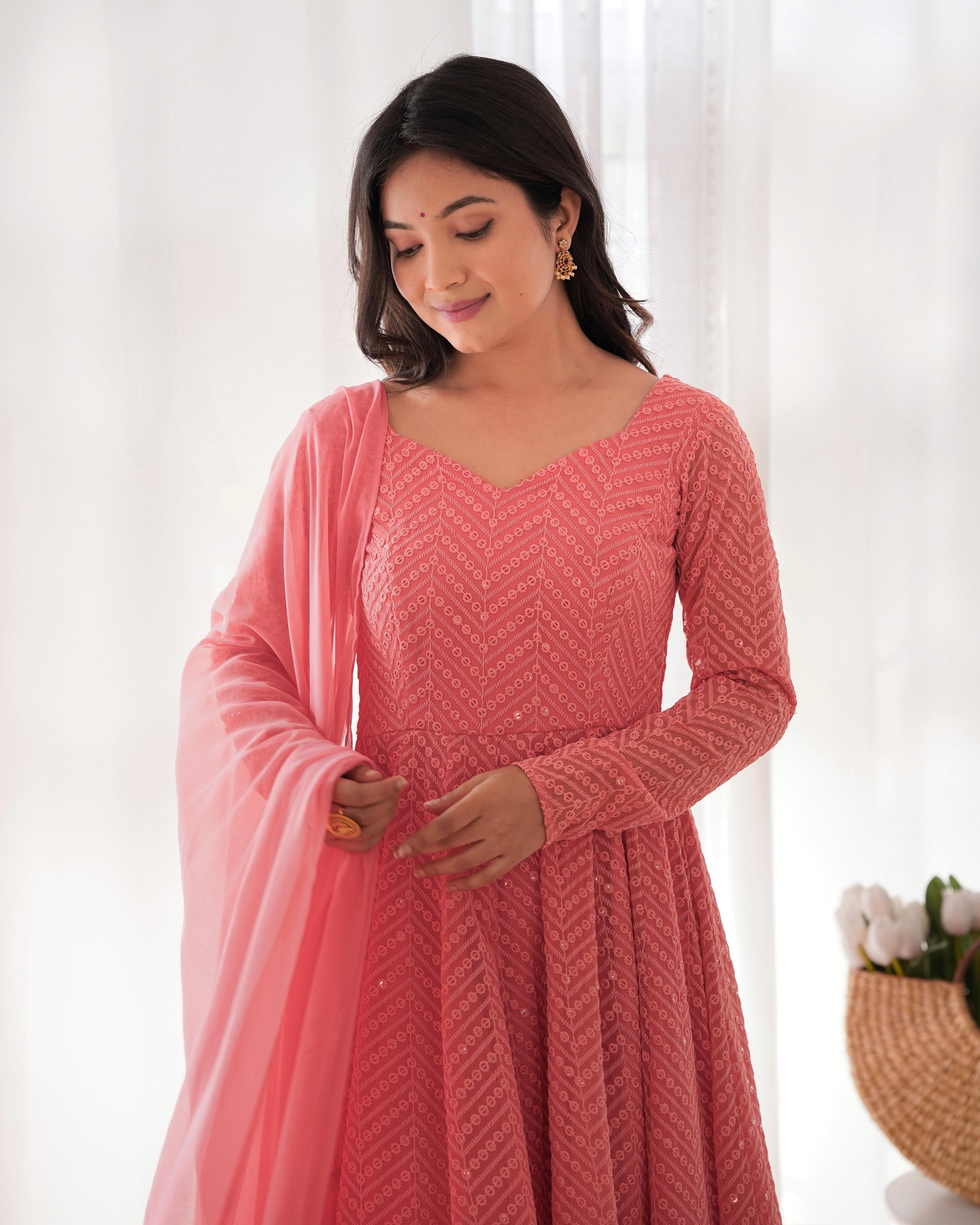 Peach Pure Soft Fox Georgette Anarkali Suit Set With Huge Flair, Dupatta & Pant
