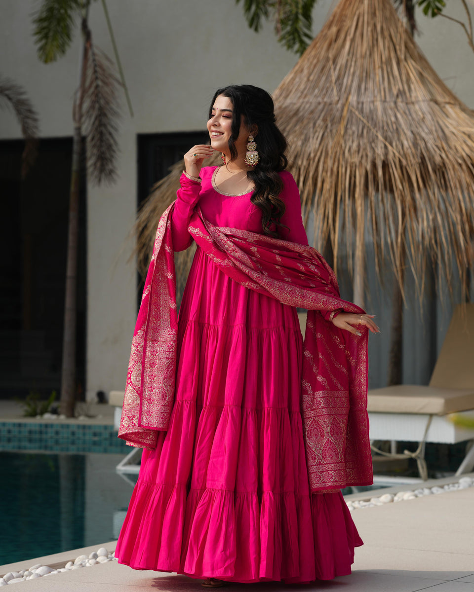 Rani Pink Pure Roman Silk Chanderi Anarkali Suit Set With Huge Flair ...