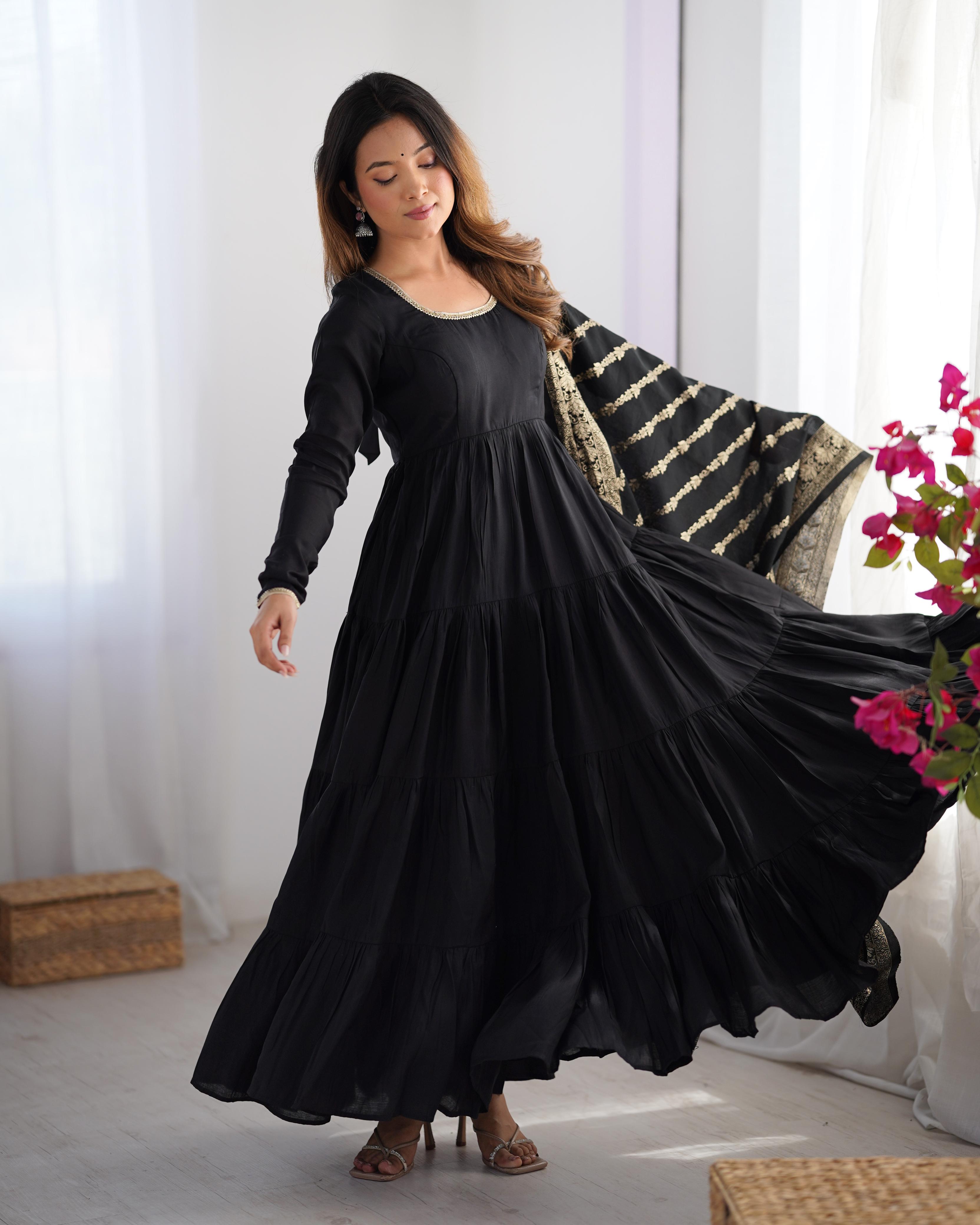 Black Pure Roman Silk Chanderi Anarkali Suit Set With Huge Flair, Dupatta & Pant