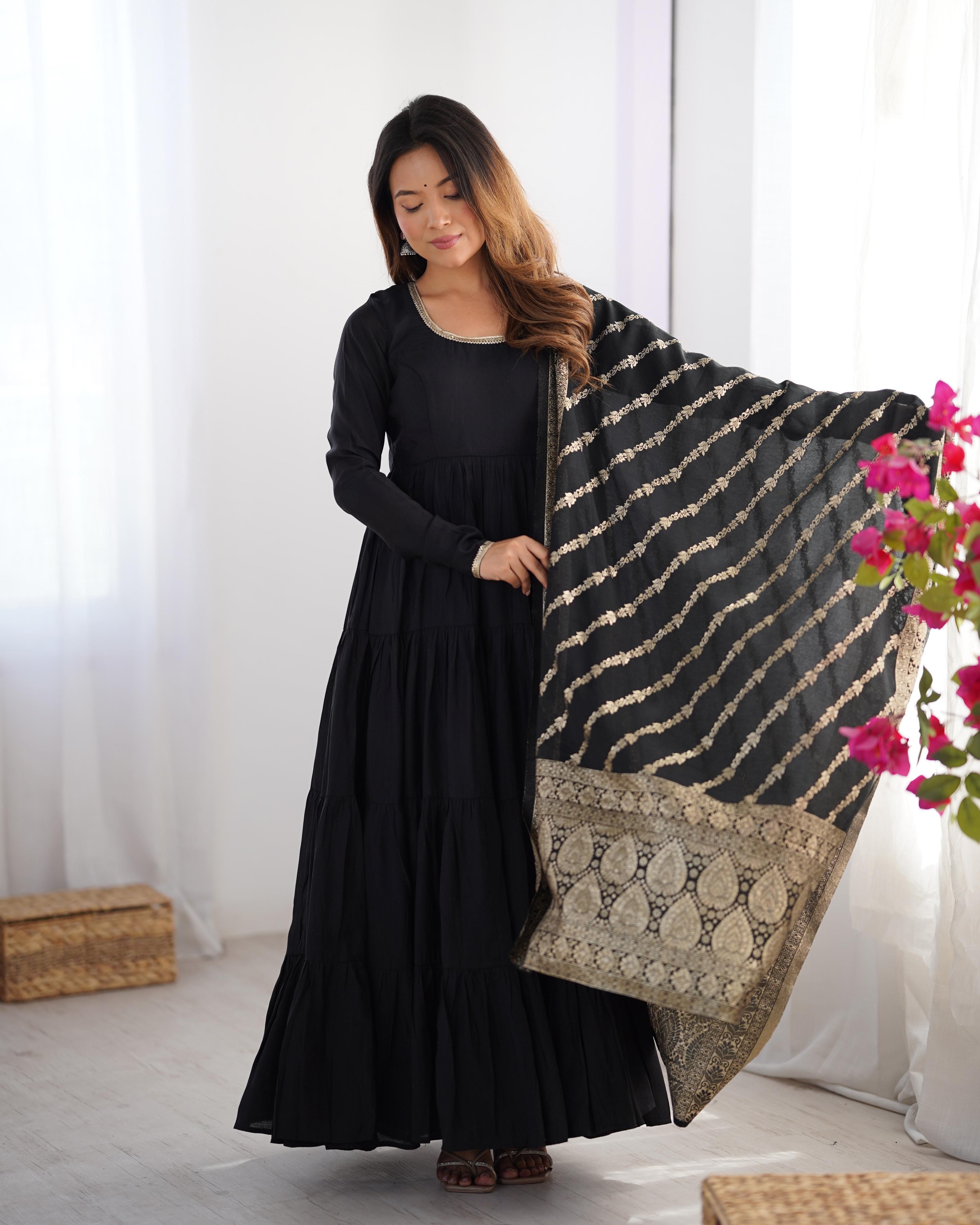 Black Pure Roman Silk Chanderi Anarkali Suit Set With Huge Flair, Dupatta & Pant