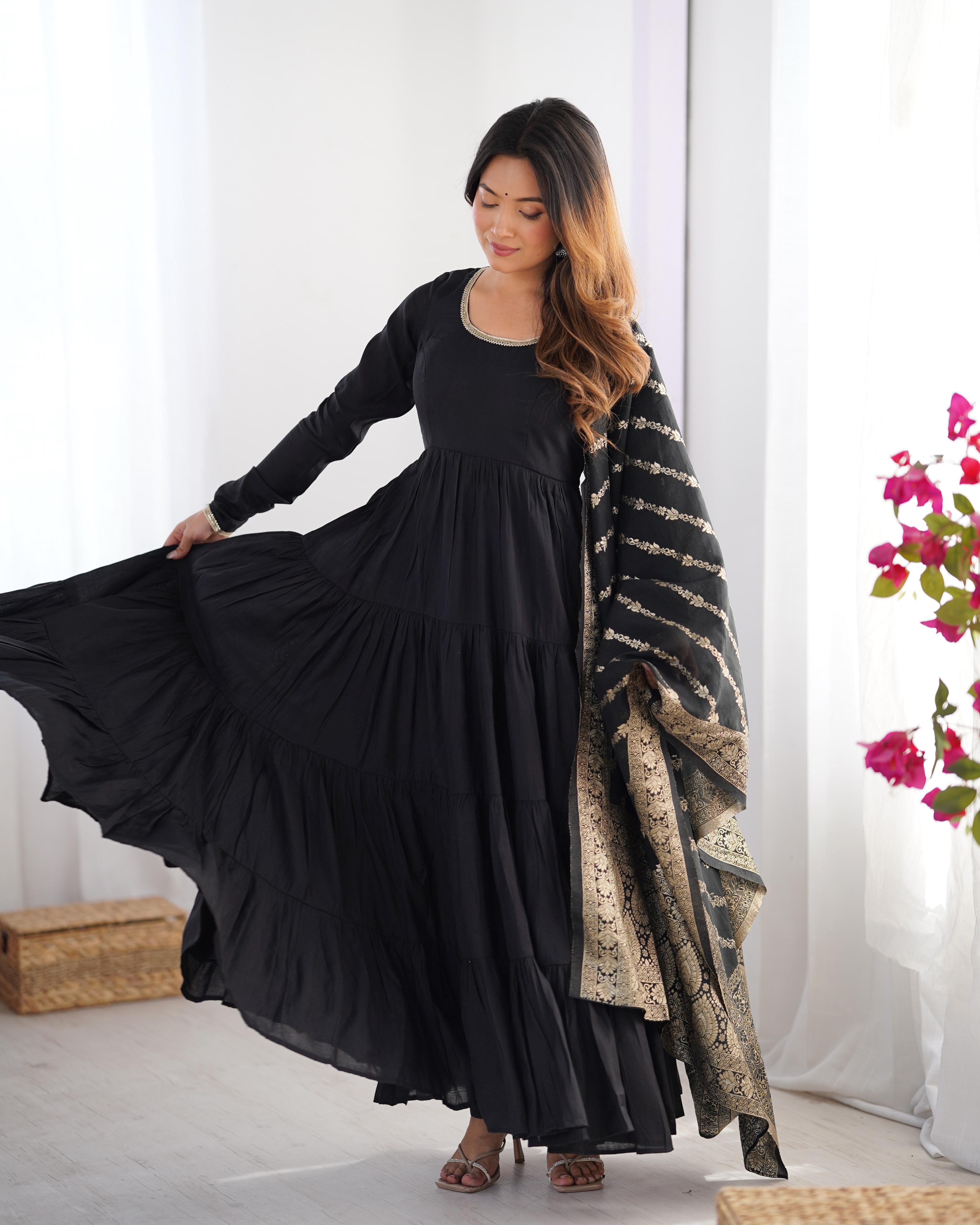 Black Pure Roman Silk Chanderi Anarkali Suit Set With Huge Flair, Dupatta & Pant