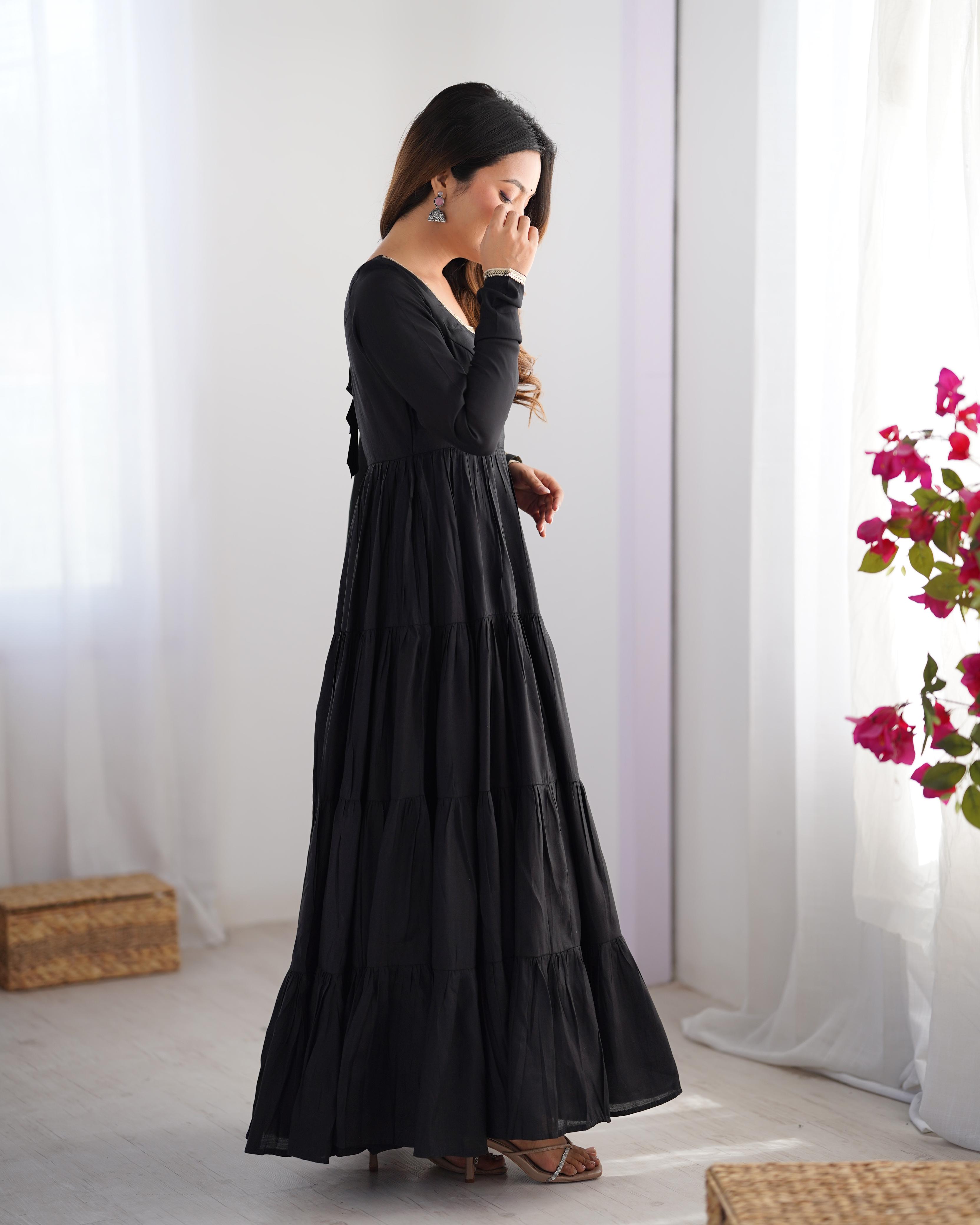 Black Pure Roman Silk Chanderi Anarkali Suit Set With Huge Flair, Dupatta & Pant