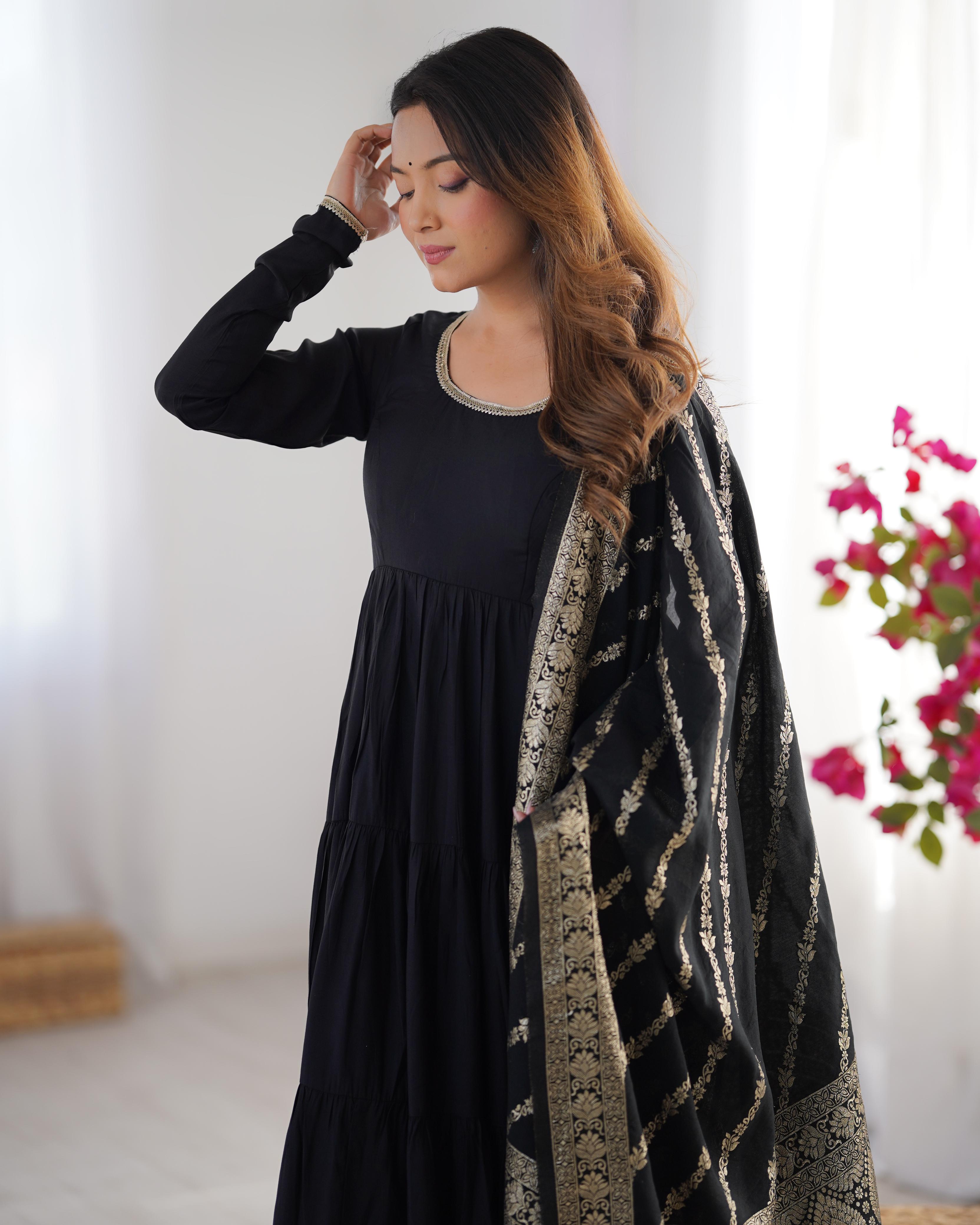 Black Pure Roman Silk Chanderi Anarkali Suit Set With Huge Flair, Dupatta & Pant