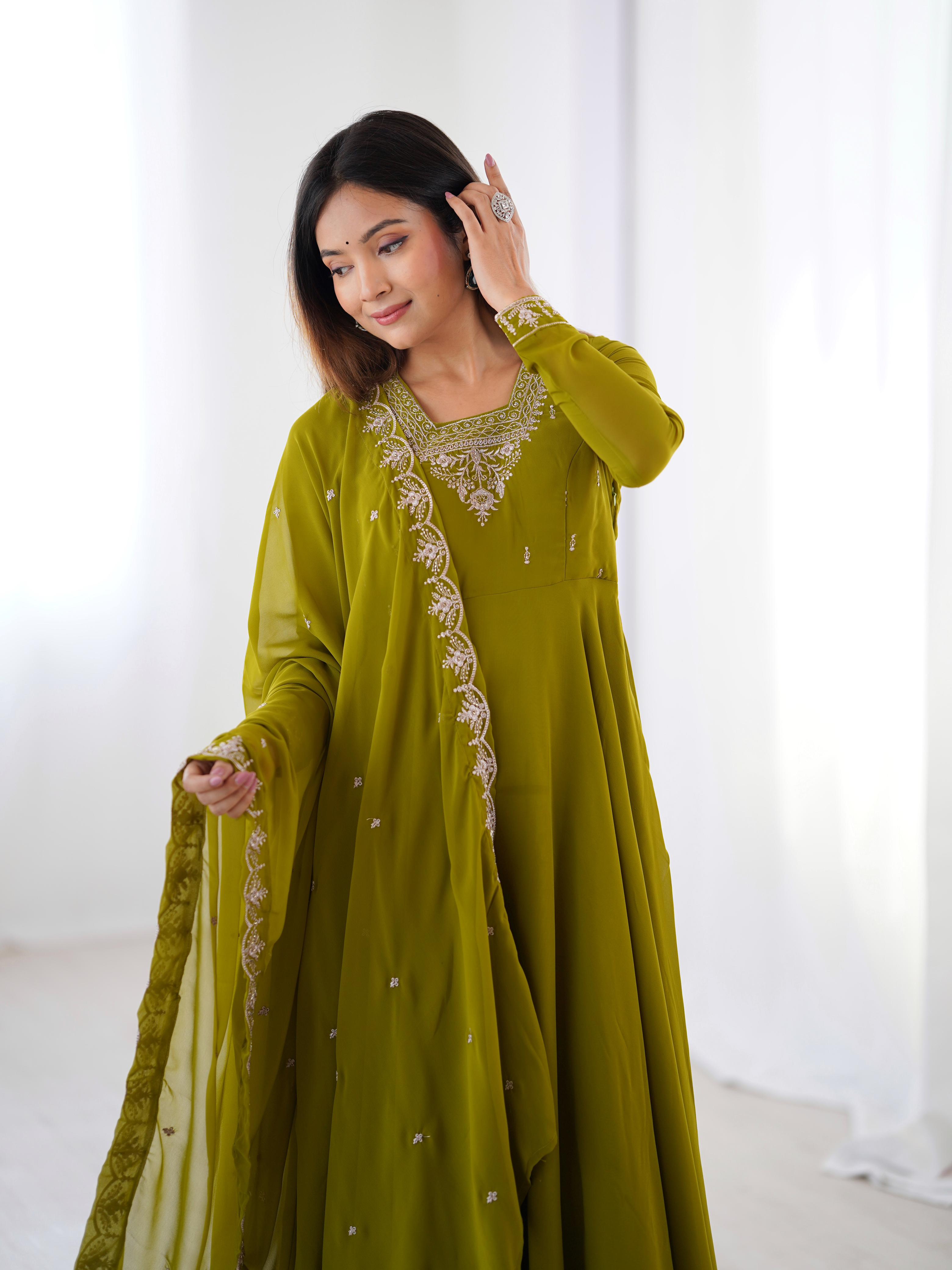 Mehendi Green Pure Soft Fox Georgette Anarkali Suit Set With Huge Flair, Dupatta & Pant