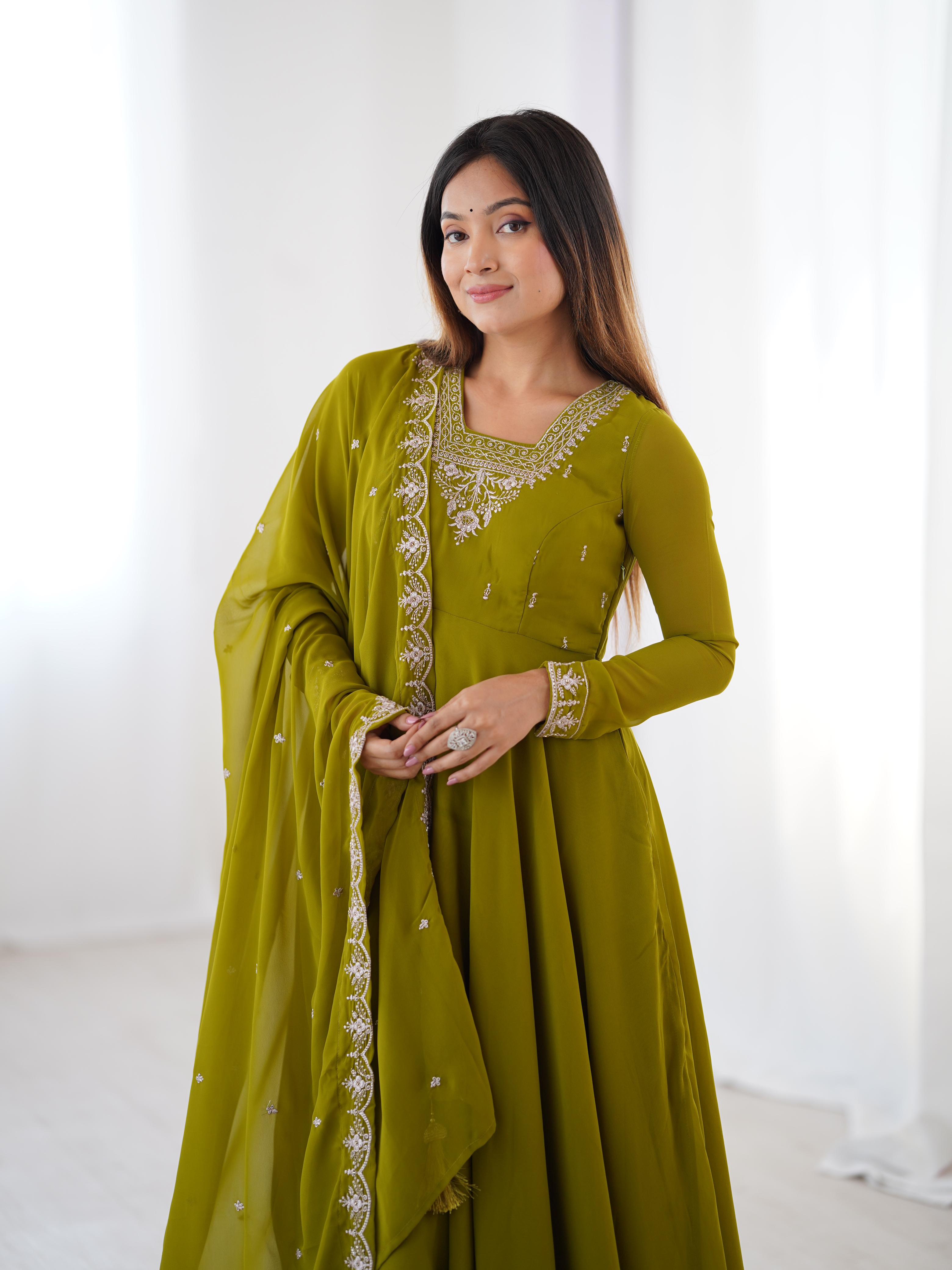 Mehendi Green Pure Soft Fox Georgette Anarkali Suit Set With Huge Flair, Dupatta & Pant