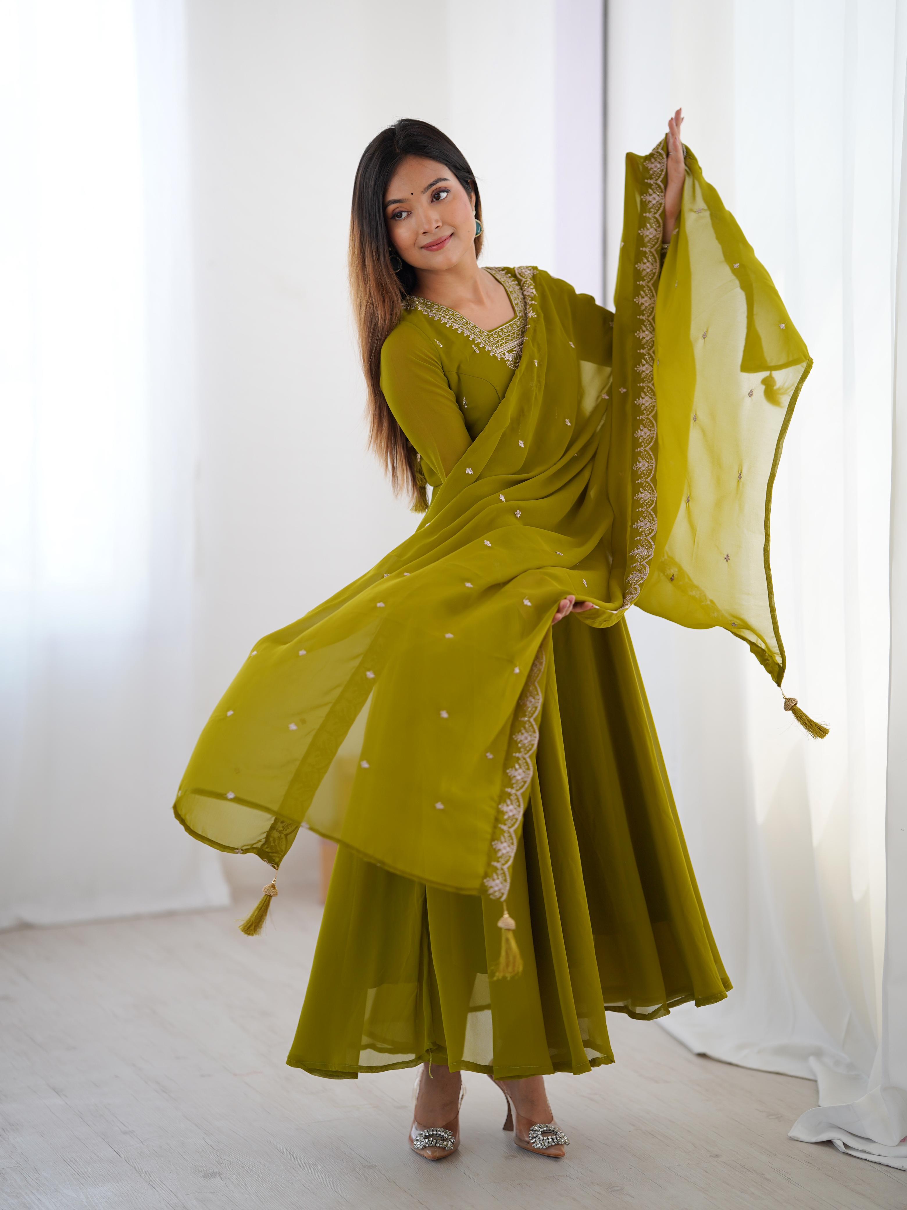 Mehendi Green Pure Soft Fox Georgette Anarkali Suit Set With Huge Flair, Dupatta & Pant