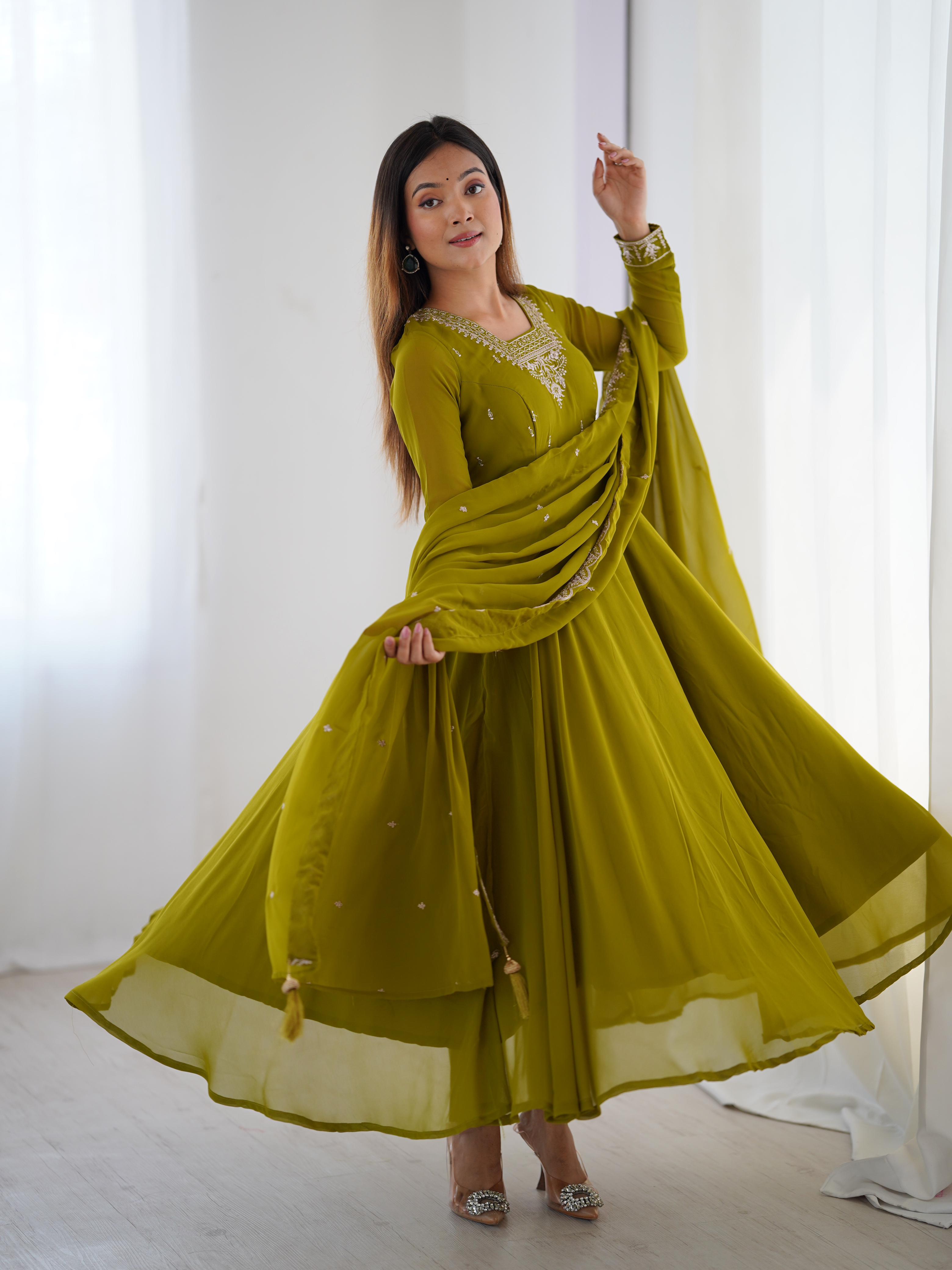 Mehendi Green Pure Soft Fox Georgette Anarkali Suit Set With Huge Flair, Dupatta & Pant