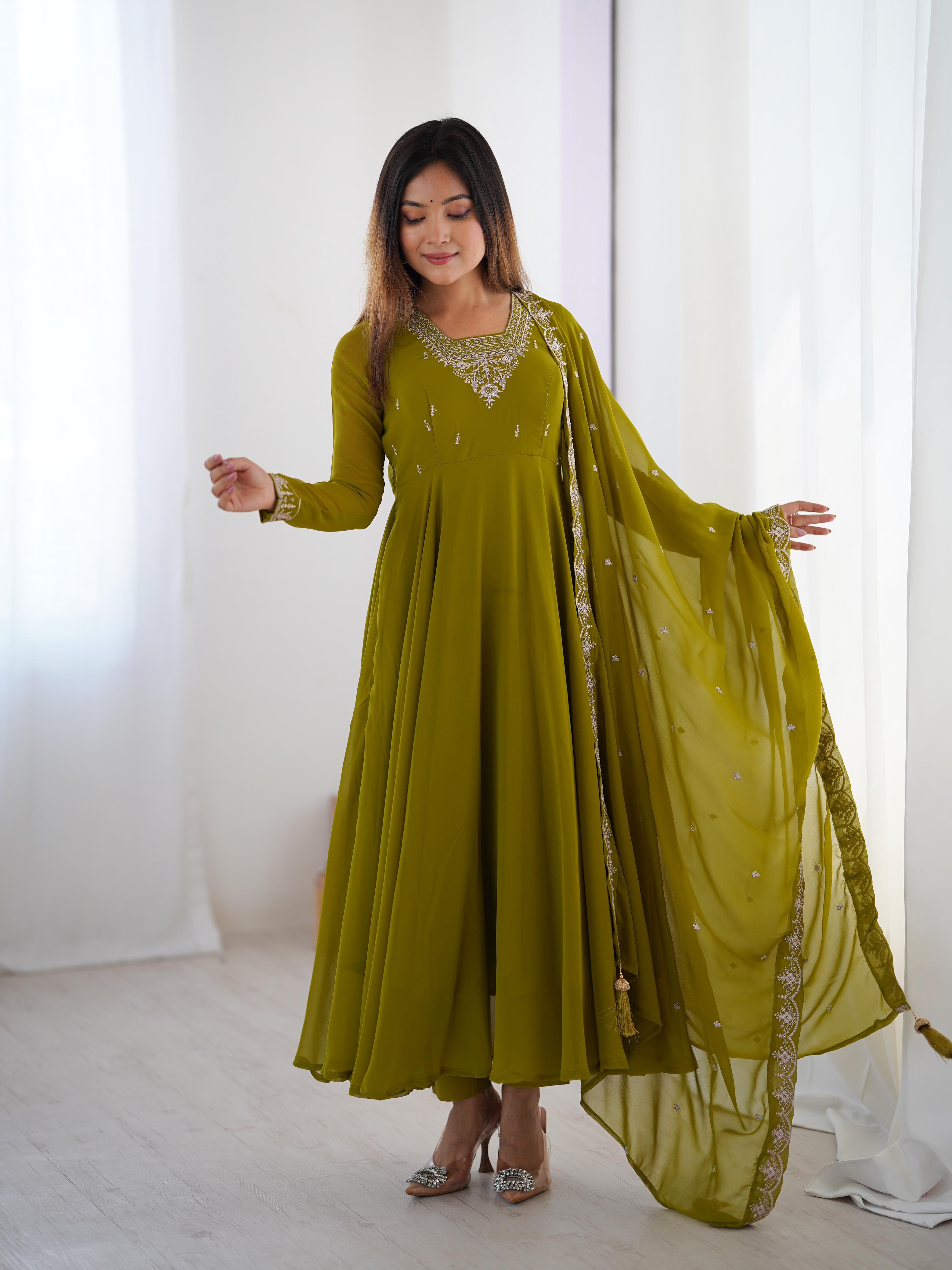 Mehendi Green Pure Soft Fox Georgette Anarkali Suit Set With Huge Flair, Dupatta & Pant