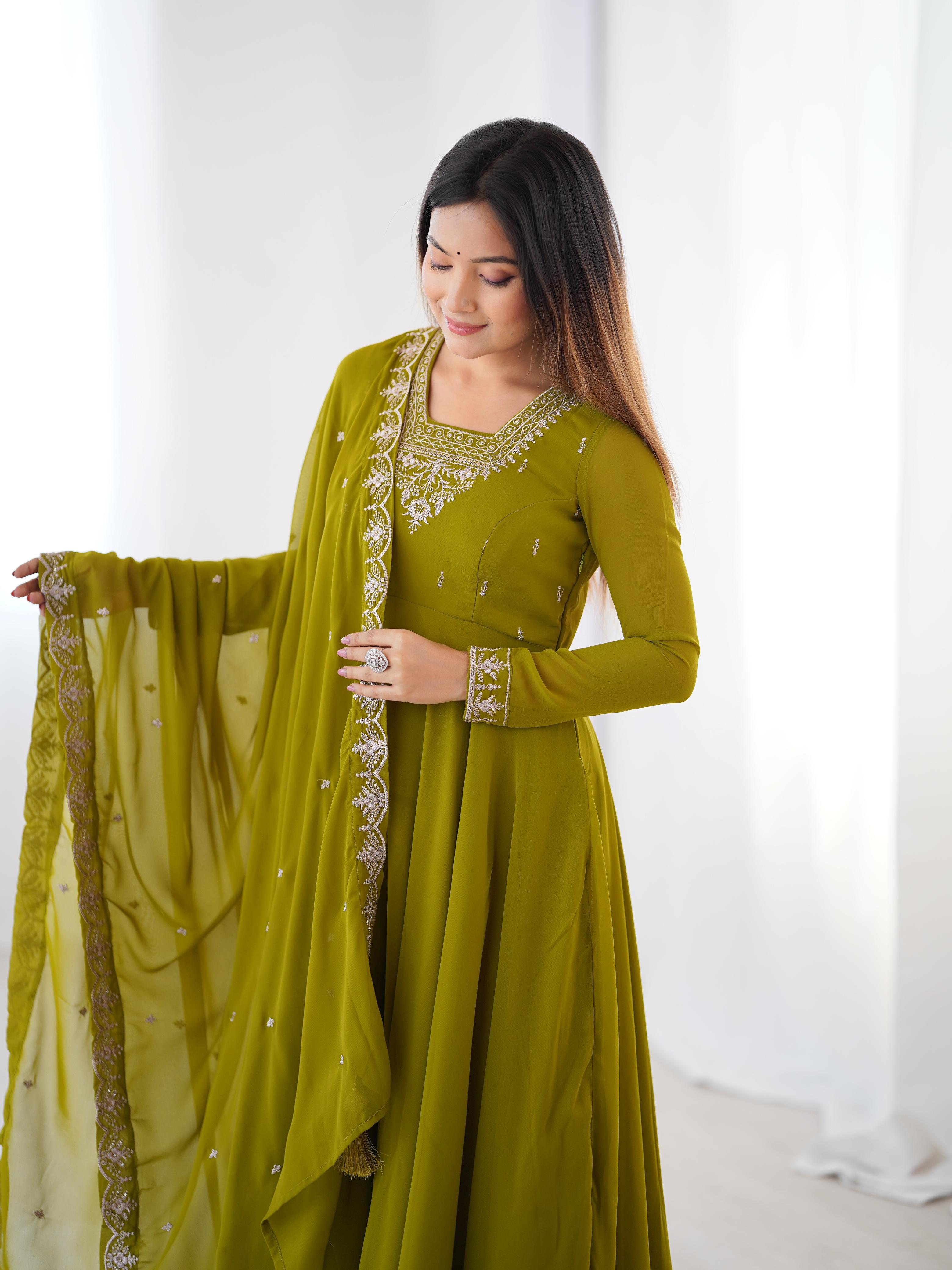 Mehendi Green Pure Soft Fox Georgette Anarkali Suit Set With Huge Flair, Dupatta & Pant