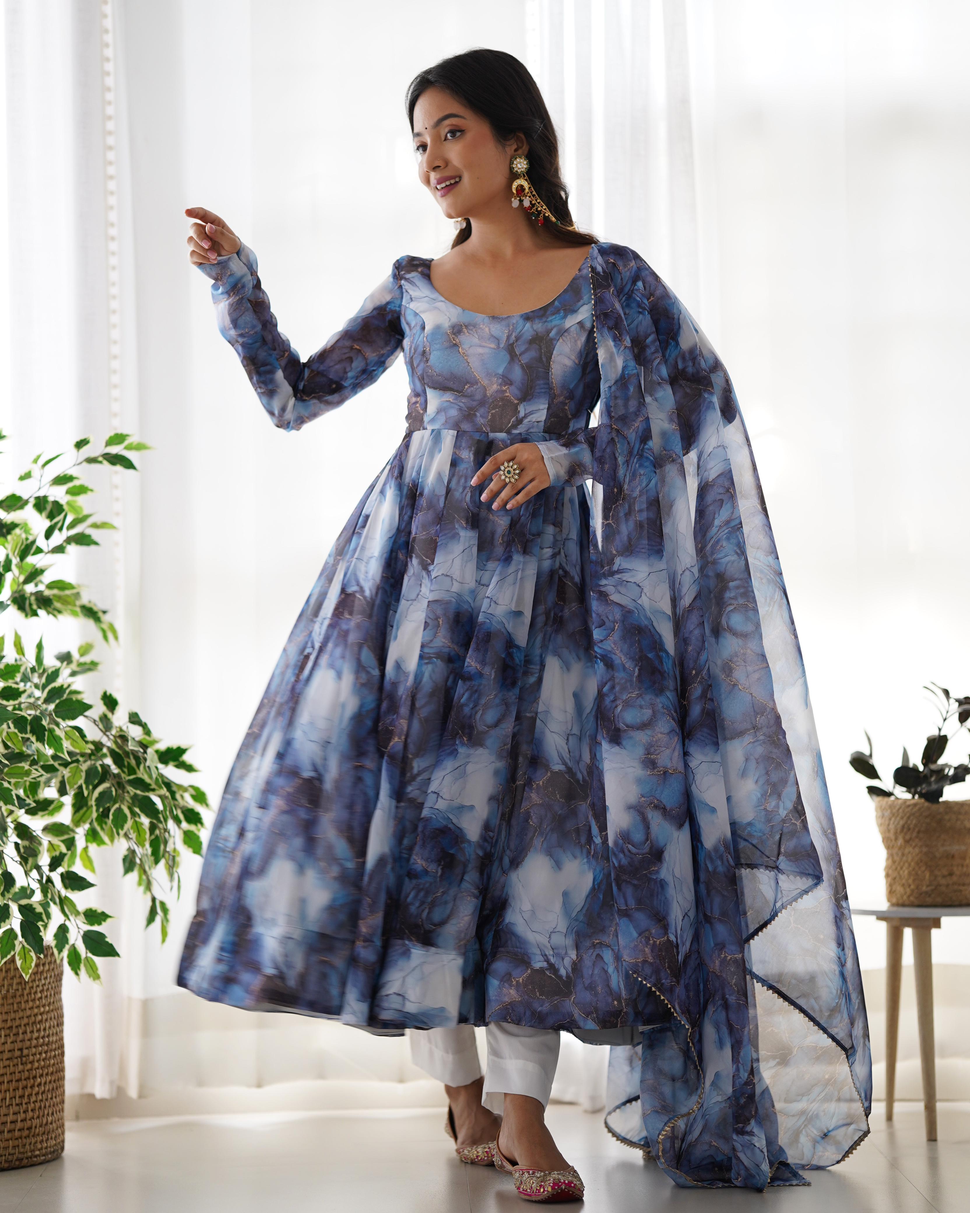 Navy Blue Pure Soft Organza Anarkali Suit Set With Huge Flair, Dupatta & Pant