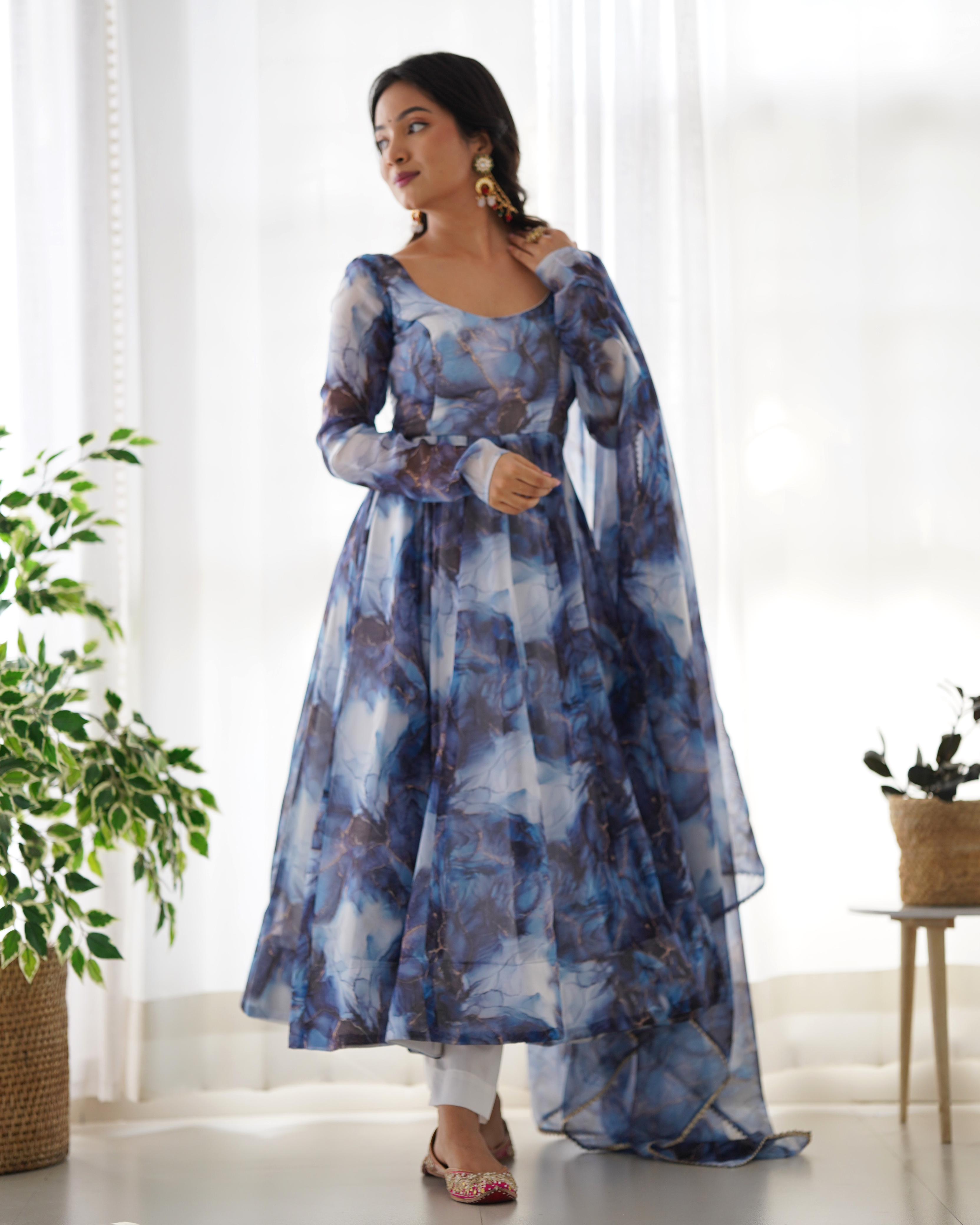 Navy Blue Pure Soft Organza Anarkali Suit Set With Huge Flair, Dupatta & Pant