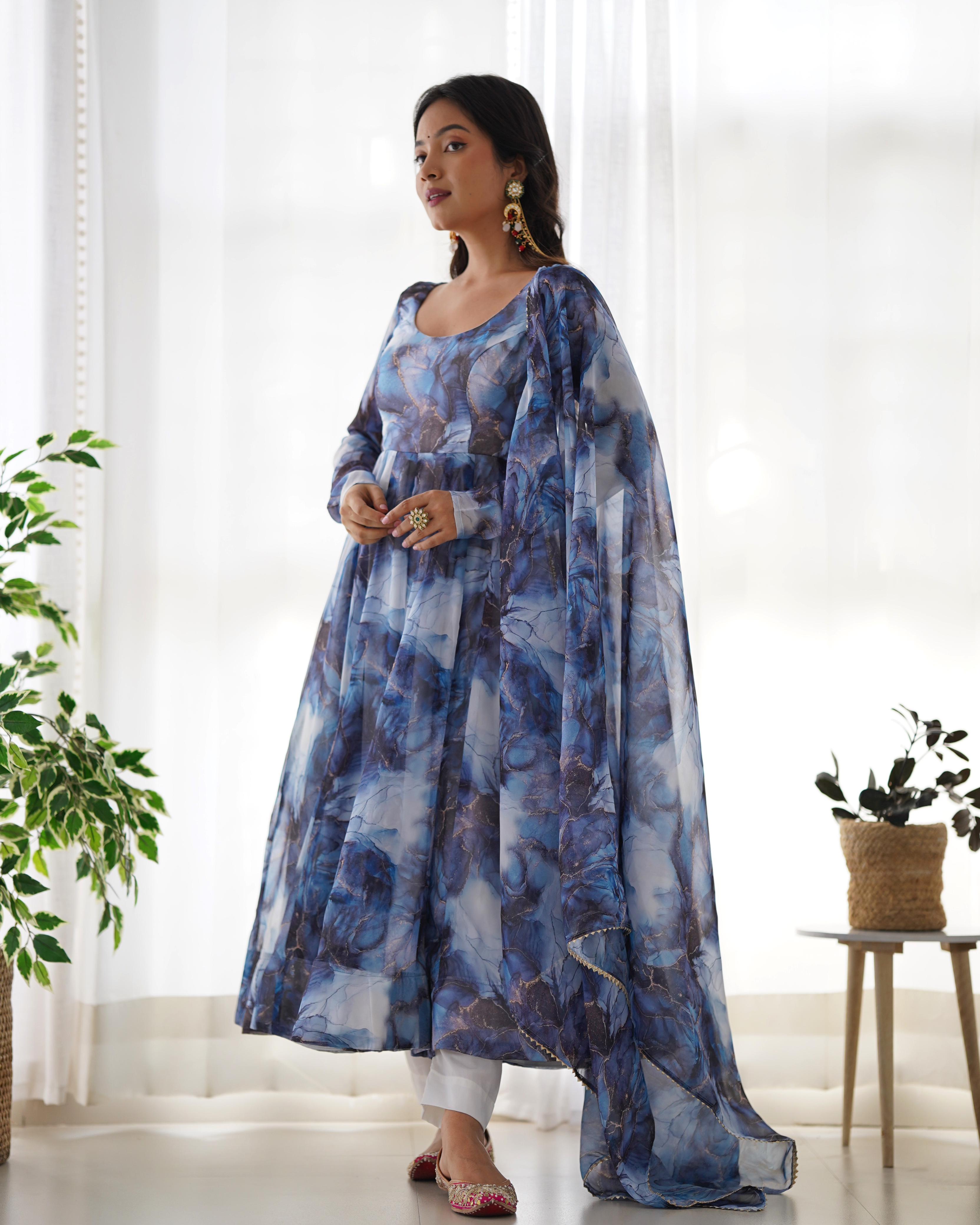 Navy Blue Pure Soft Organza Anarkali Suit Set With Huge Flair, Dupatta & Pant