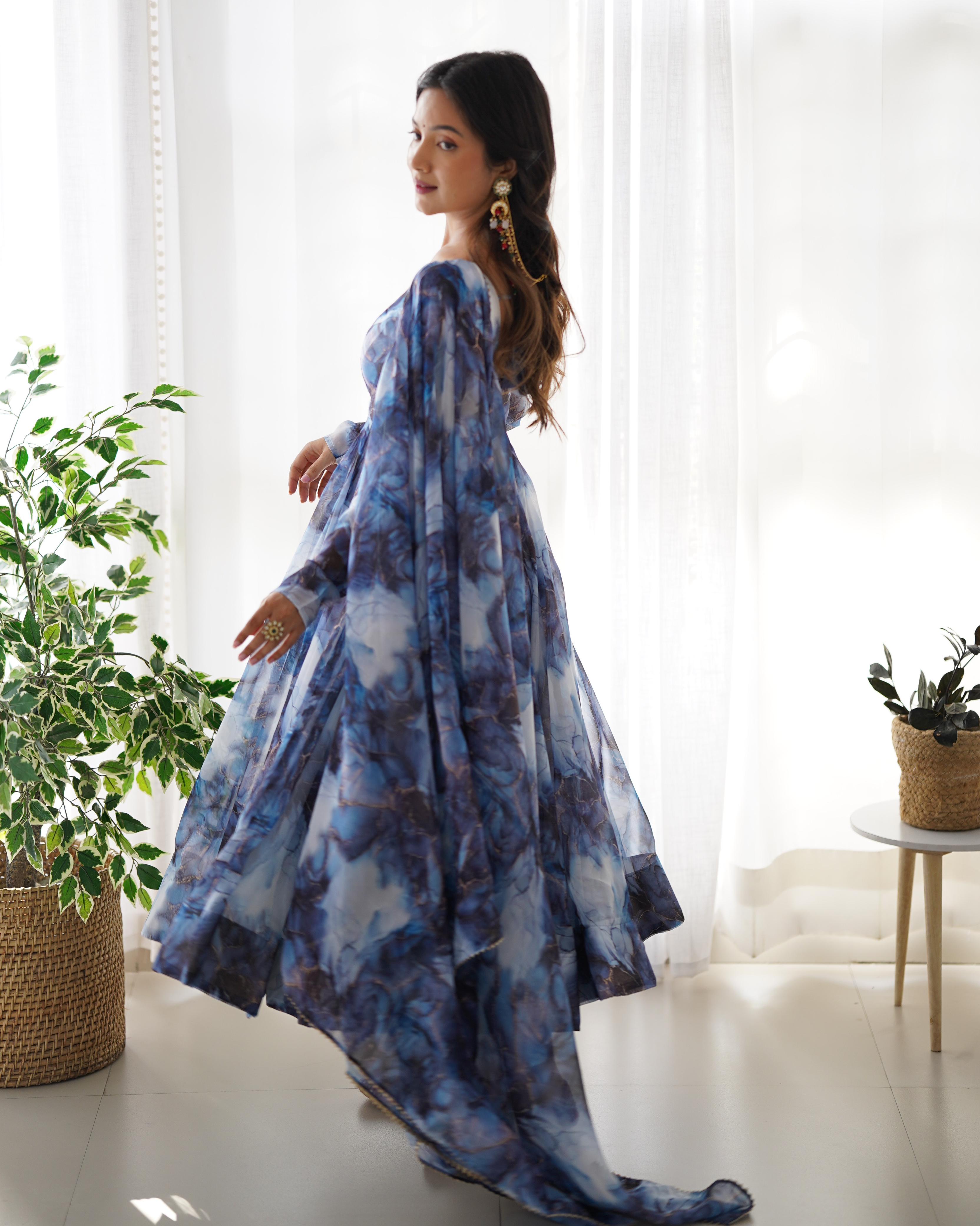 Navy Blue Pure Soft Organza Anarkali Suit Set With Huge Flair, Dupatta & Pant