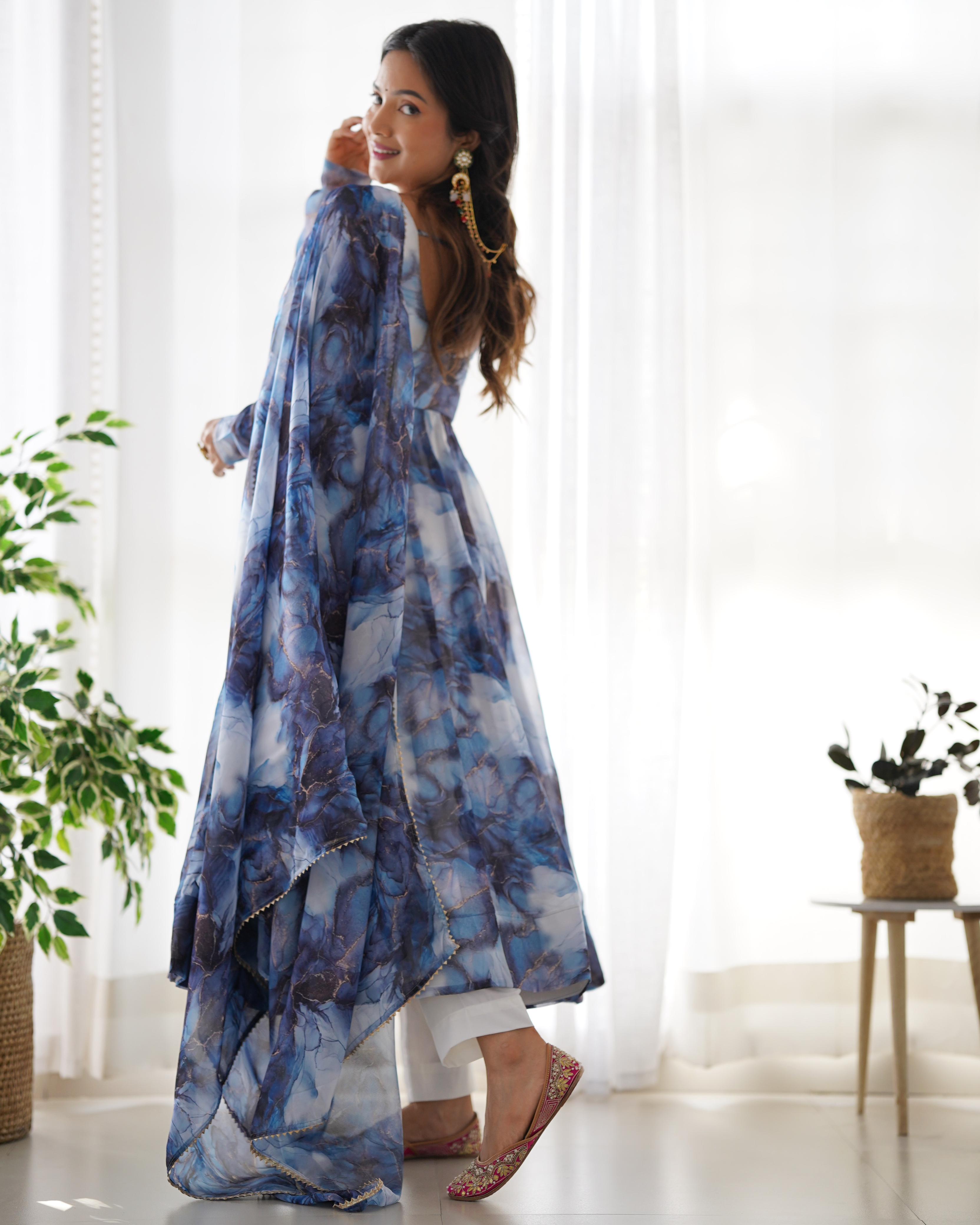 Navy Blue Pure Soft Organza Anarkali Suit Set With Huge Flair, Dupatta & Pant