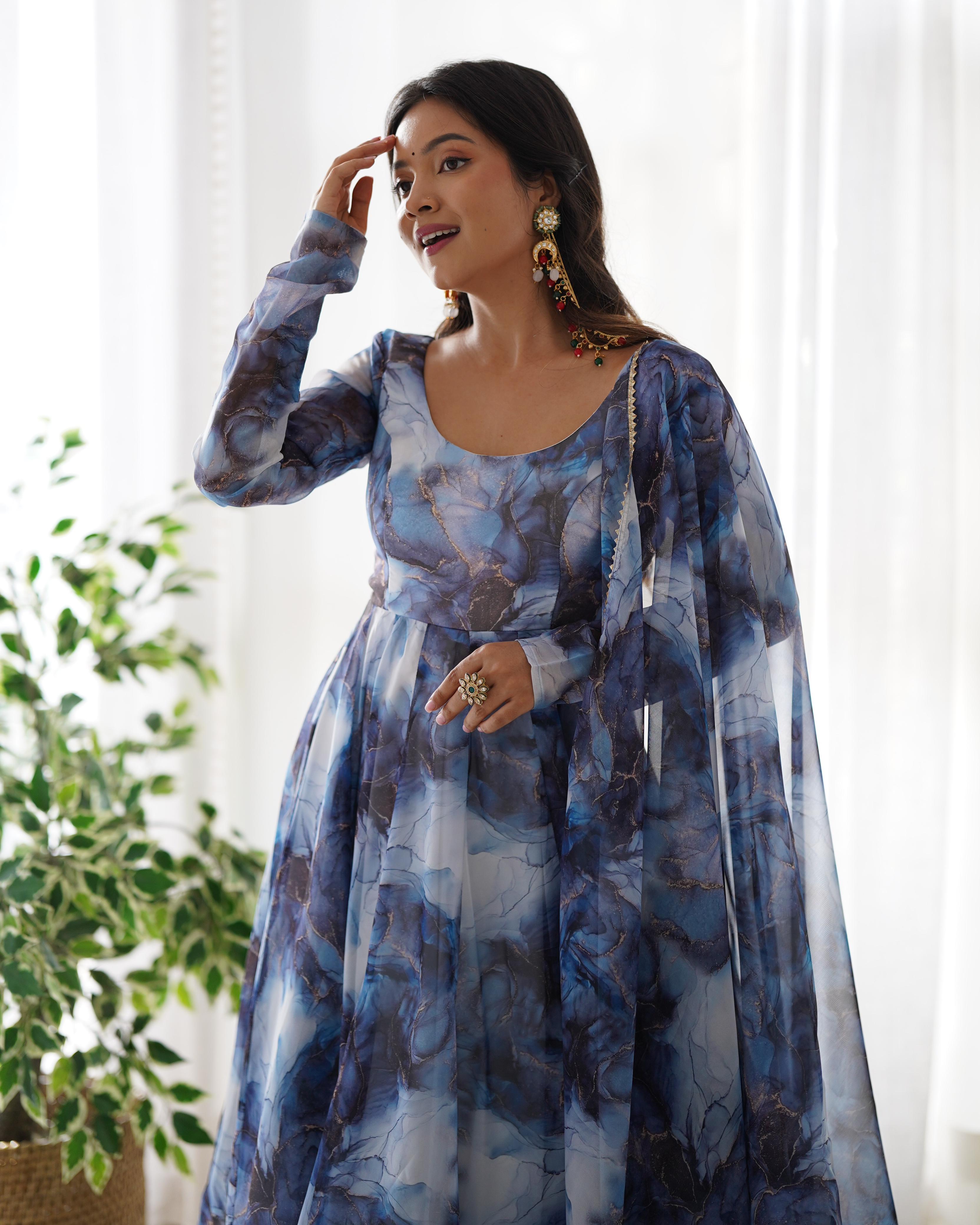 Navy Blue Pure Soft Organza Anarkali Suit Set With Huge Flair, Dupatta & Pant