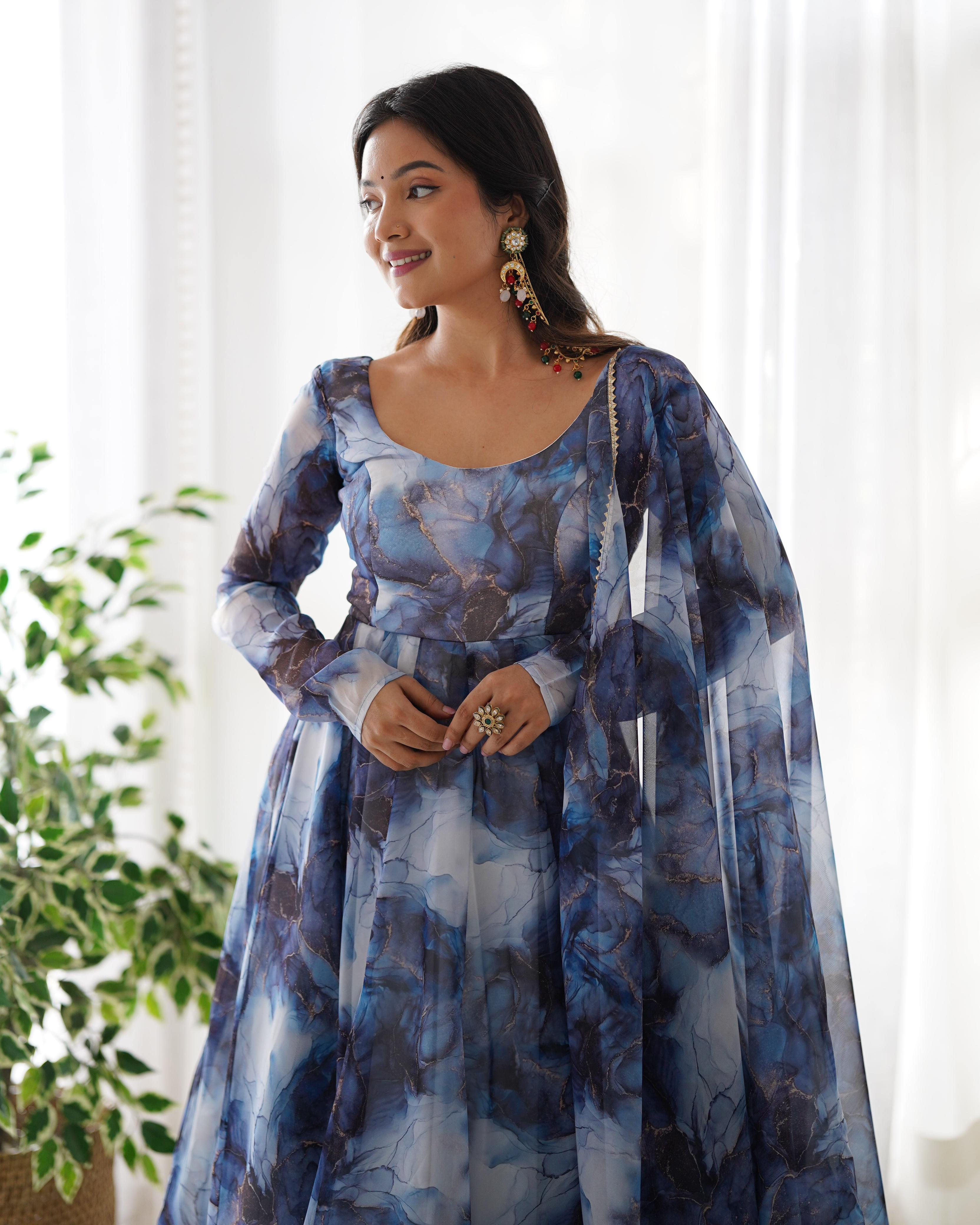 Navy Blue Pure Soft Organza Anarkali Suit Set With Huge Flair, Dupatta & Pant