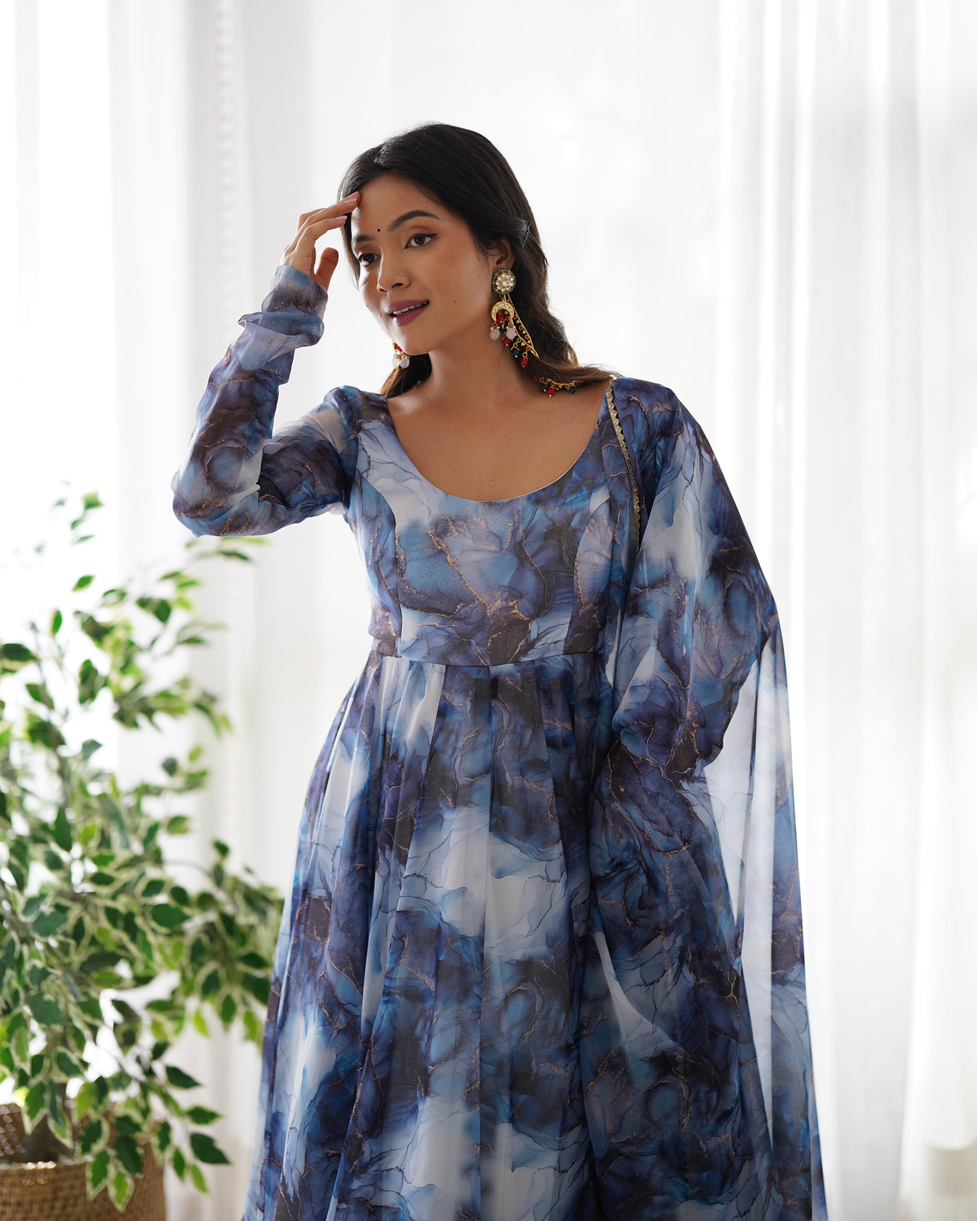 Navy Blue Pure Soft Organza Anarkali Suit Set With Huge Flair, Dupatta & Pant