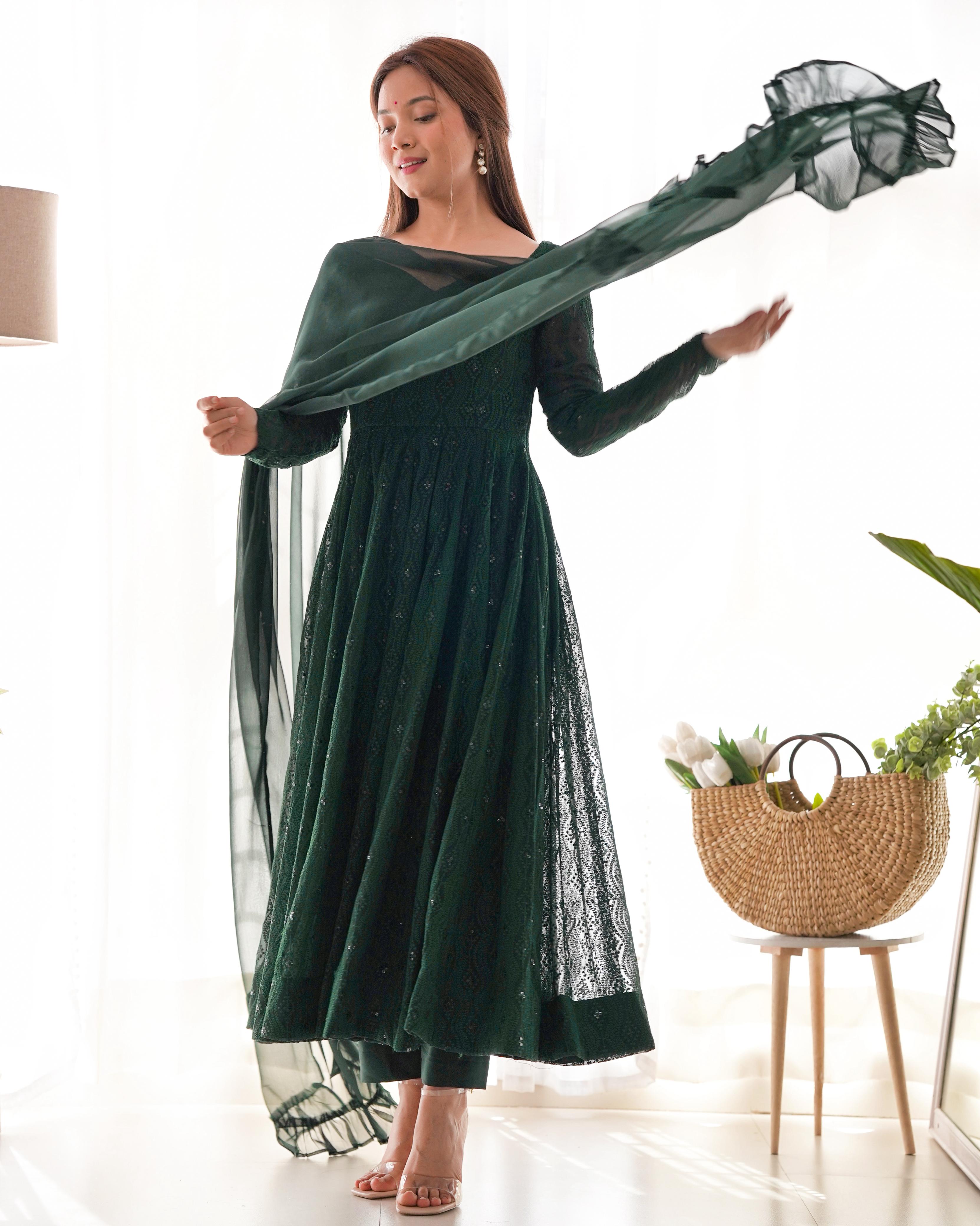 Green Pure Soft Fox Georgette Anarkali Suit Set With Huge Flair, Dupatta & Pant