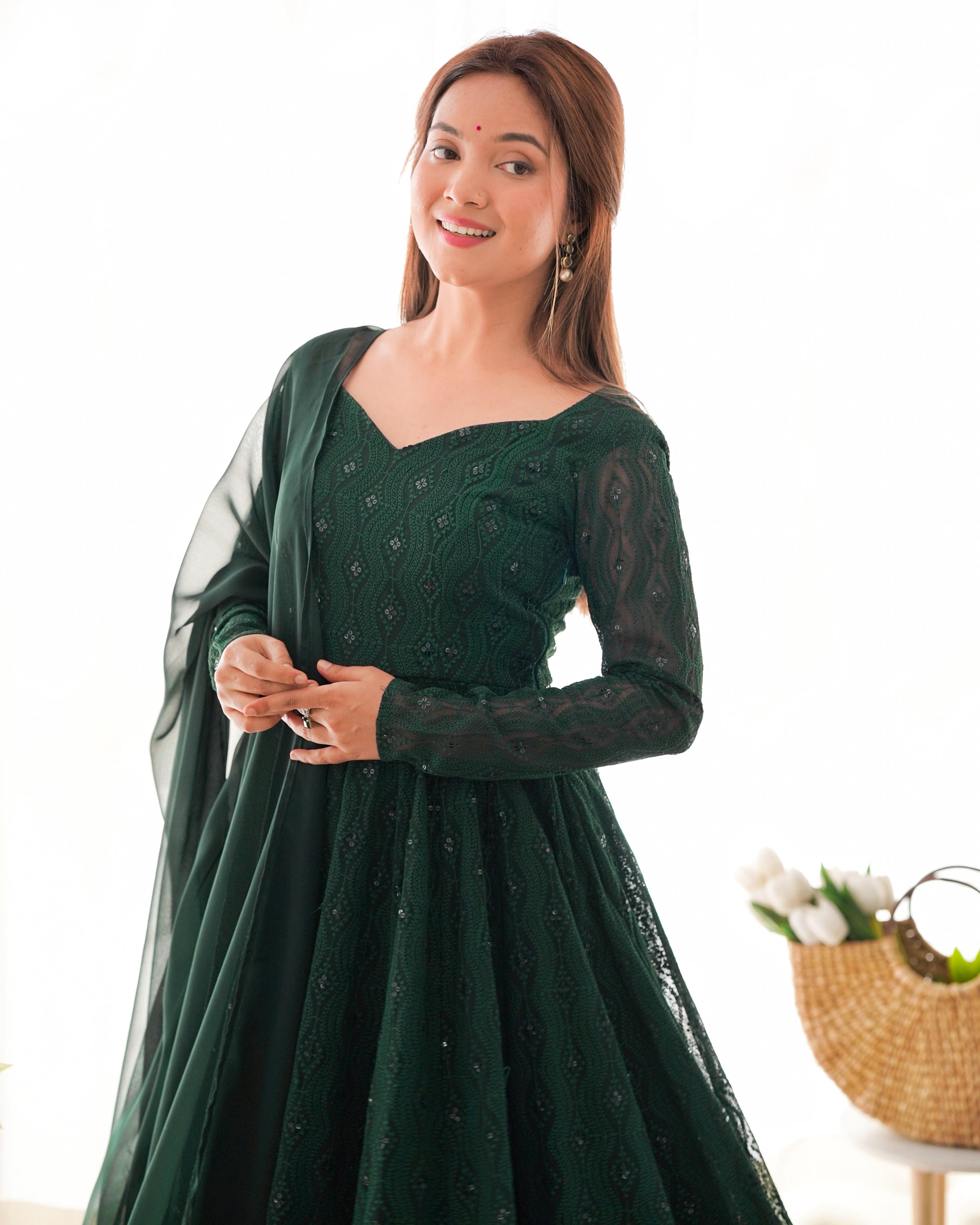 Green Pure Soft Fox Georgette Anarkali Suit Set With Huge Flair, Dupatta & Pant