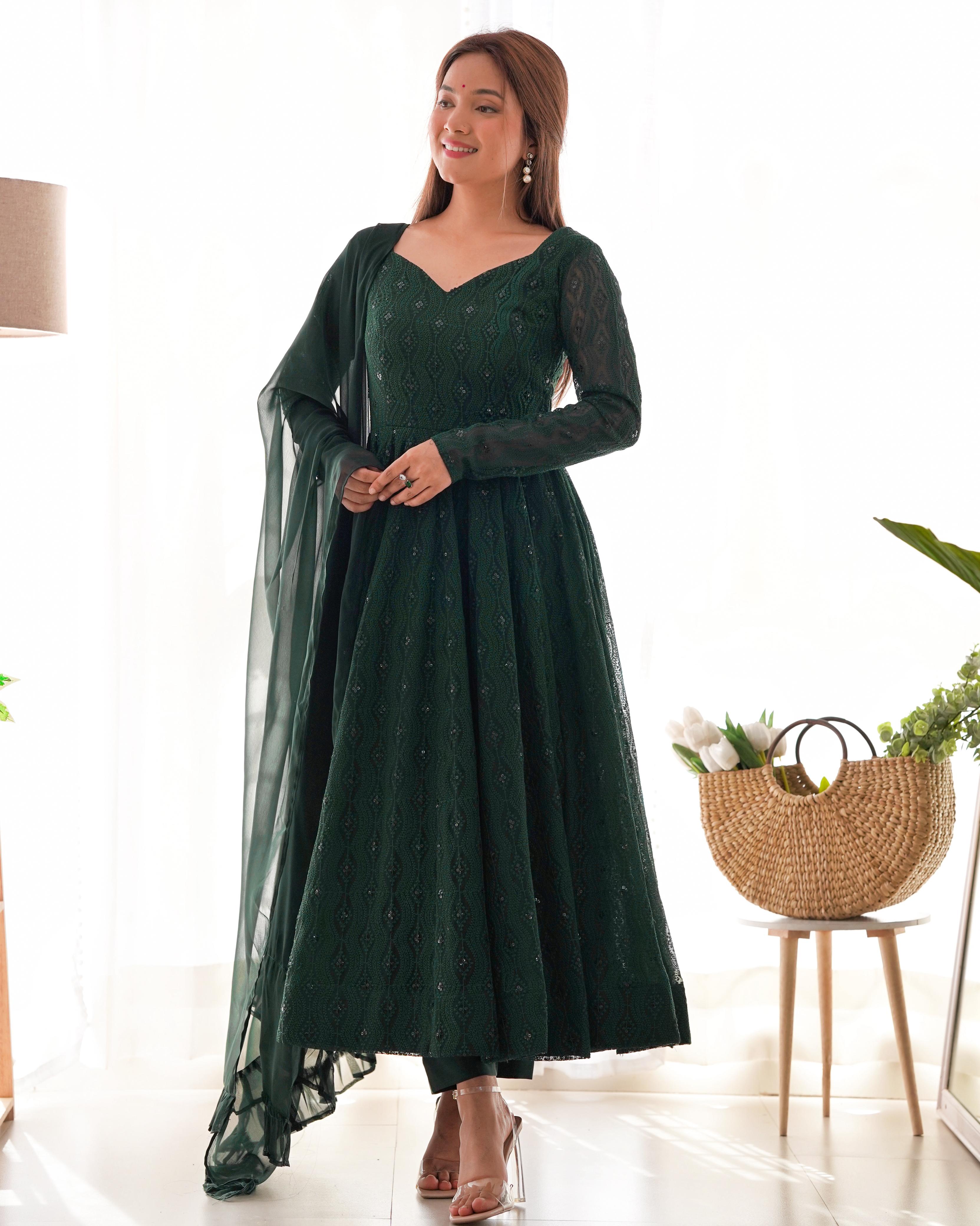 Green Pure Soft Fox Georgette Anarkali Suit Set With Huge Flair, Dupatta & Pant
