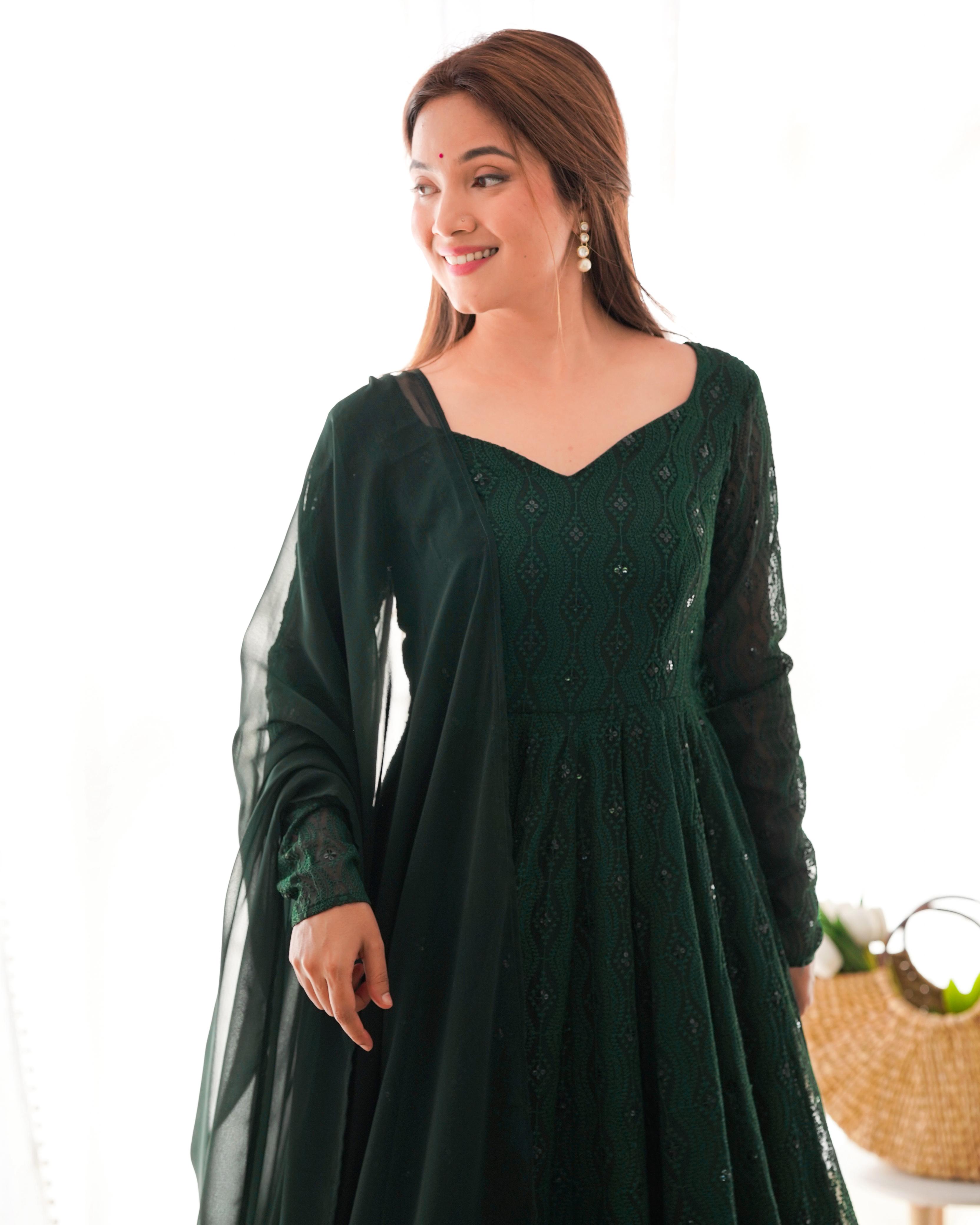 Green Pure Soft Fox Georgette Anarkali Suit Set With Huge Flair, Dupatta & Pant
