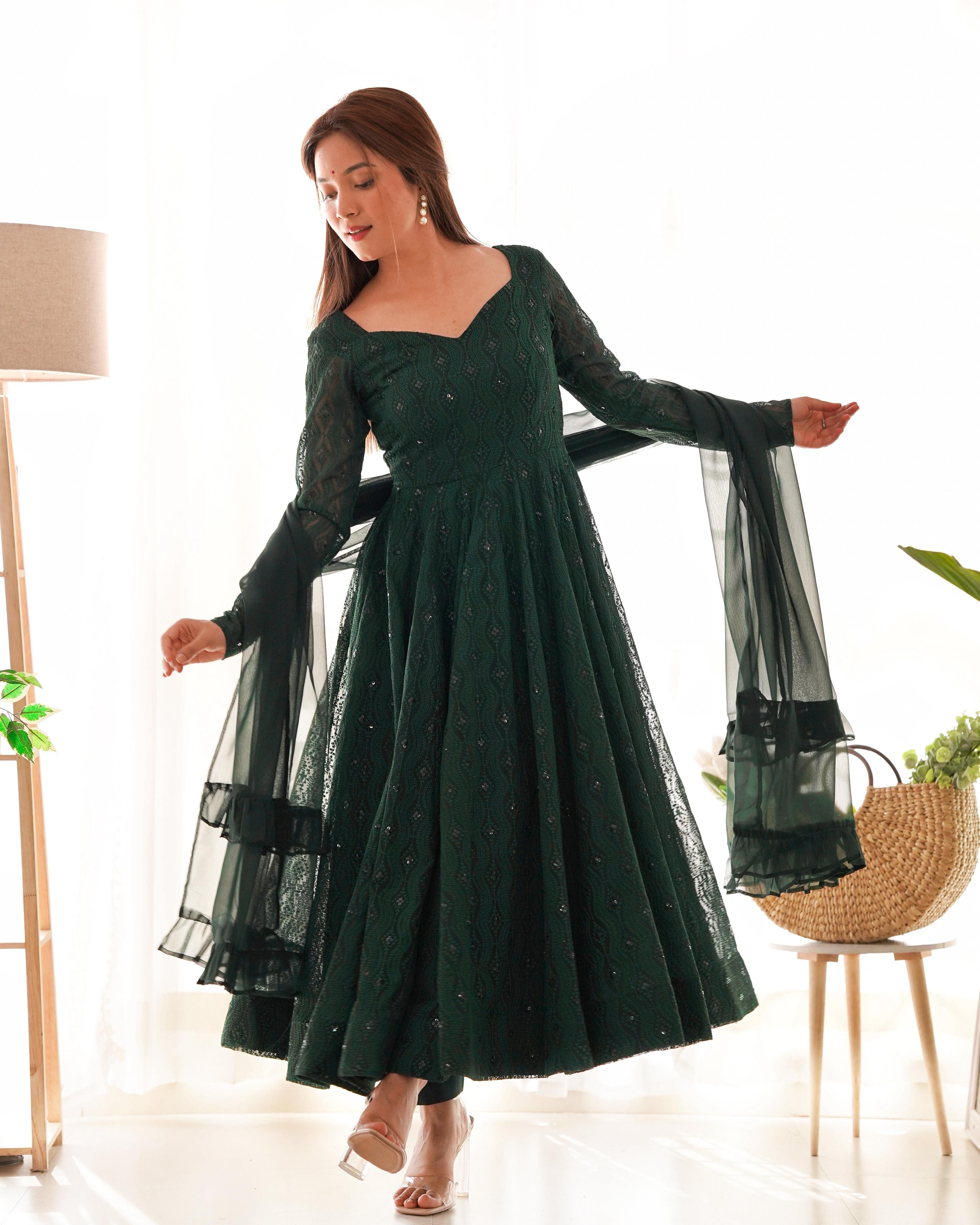 Green Pure Soft Fox Georgette Anarkali Suit Set With Huge Flair, Dupatta & Pant