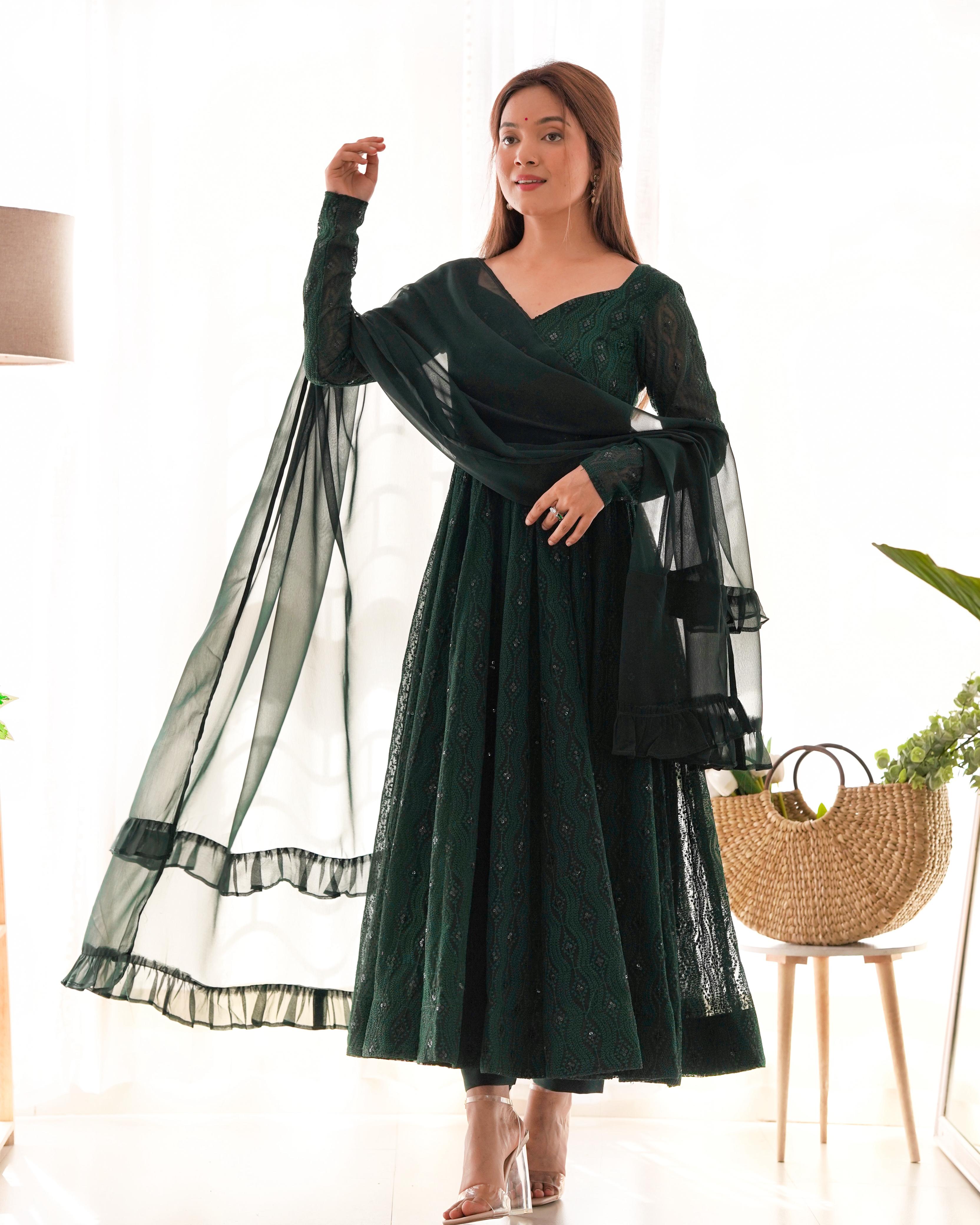 Green Pure Soft Fox Georgette Anarkali Suit Set With Huge Flair, Dupatta & Pant