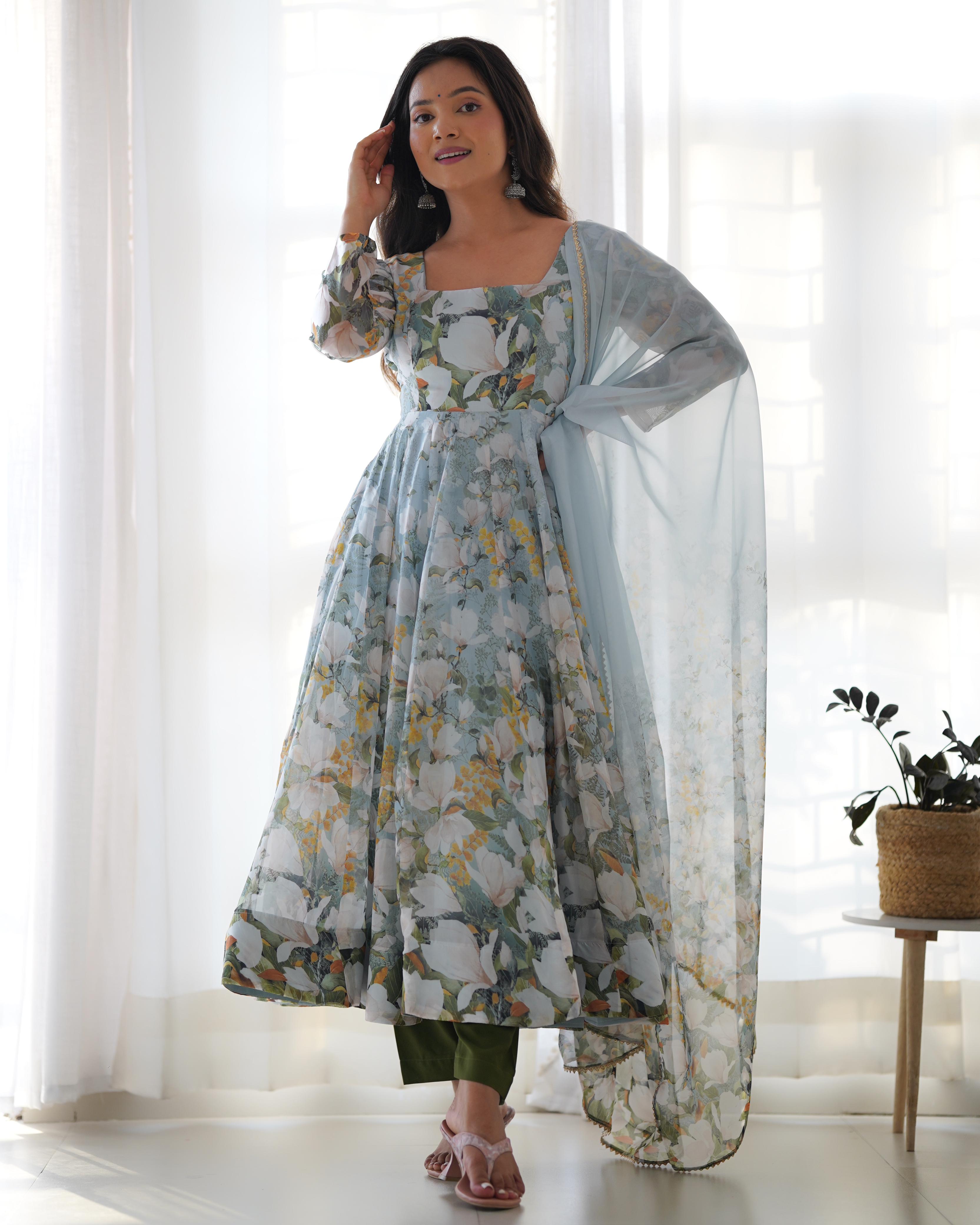 Floral Green Pure Soft Organza Anarkali Suit Set With Huge Flair, Dupatta & Pant