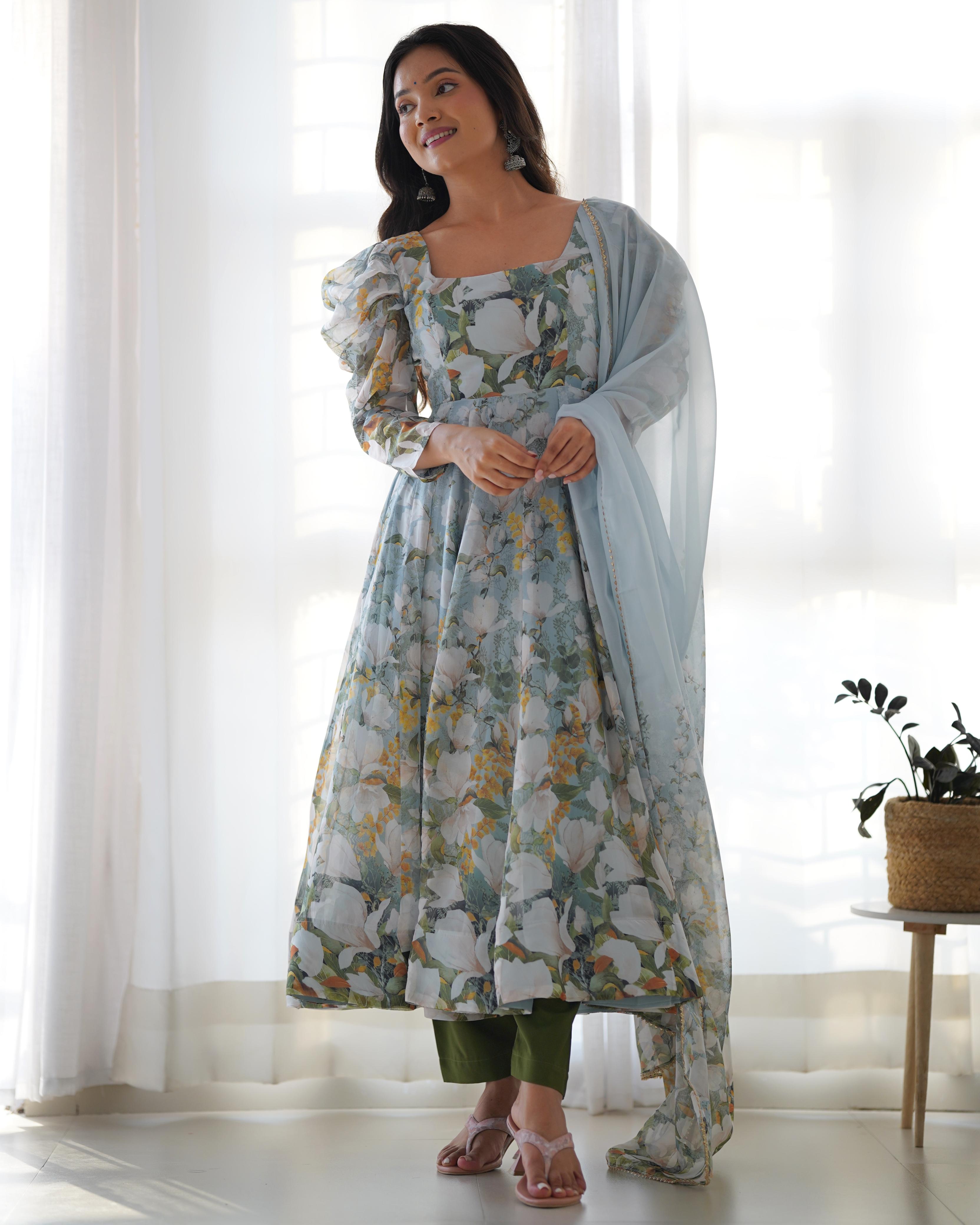 Floral Green Pure Soft Organza Anarkali Suit Set With Huge Flair, Dupatta & Pant