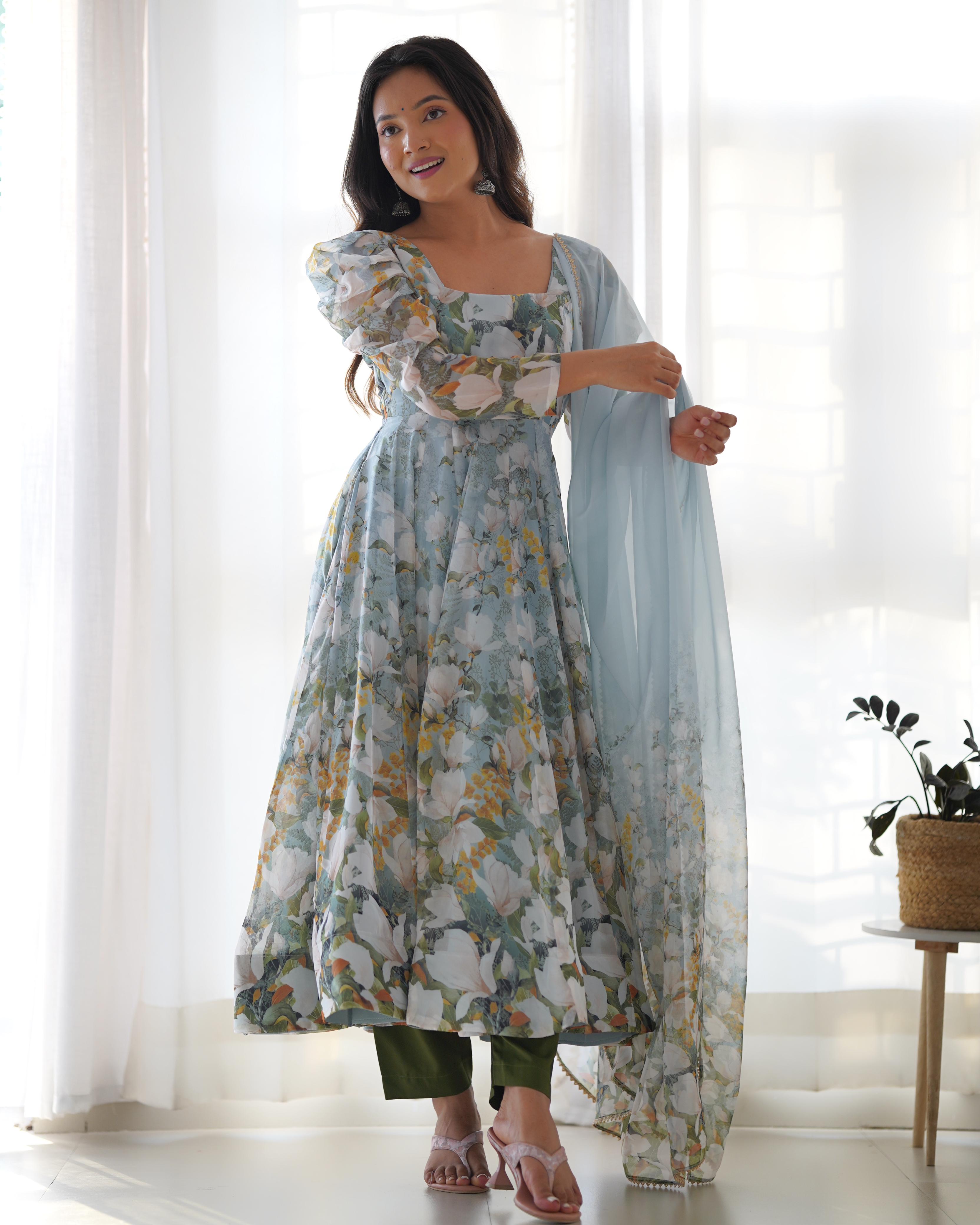 Floral Green Pure Soft Organza Anarkali Suit Set With Huge Flair, Dupatta & Pant