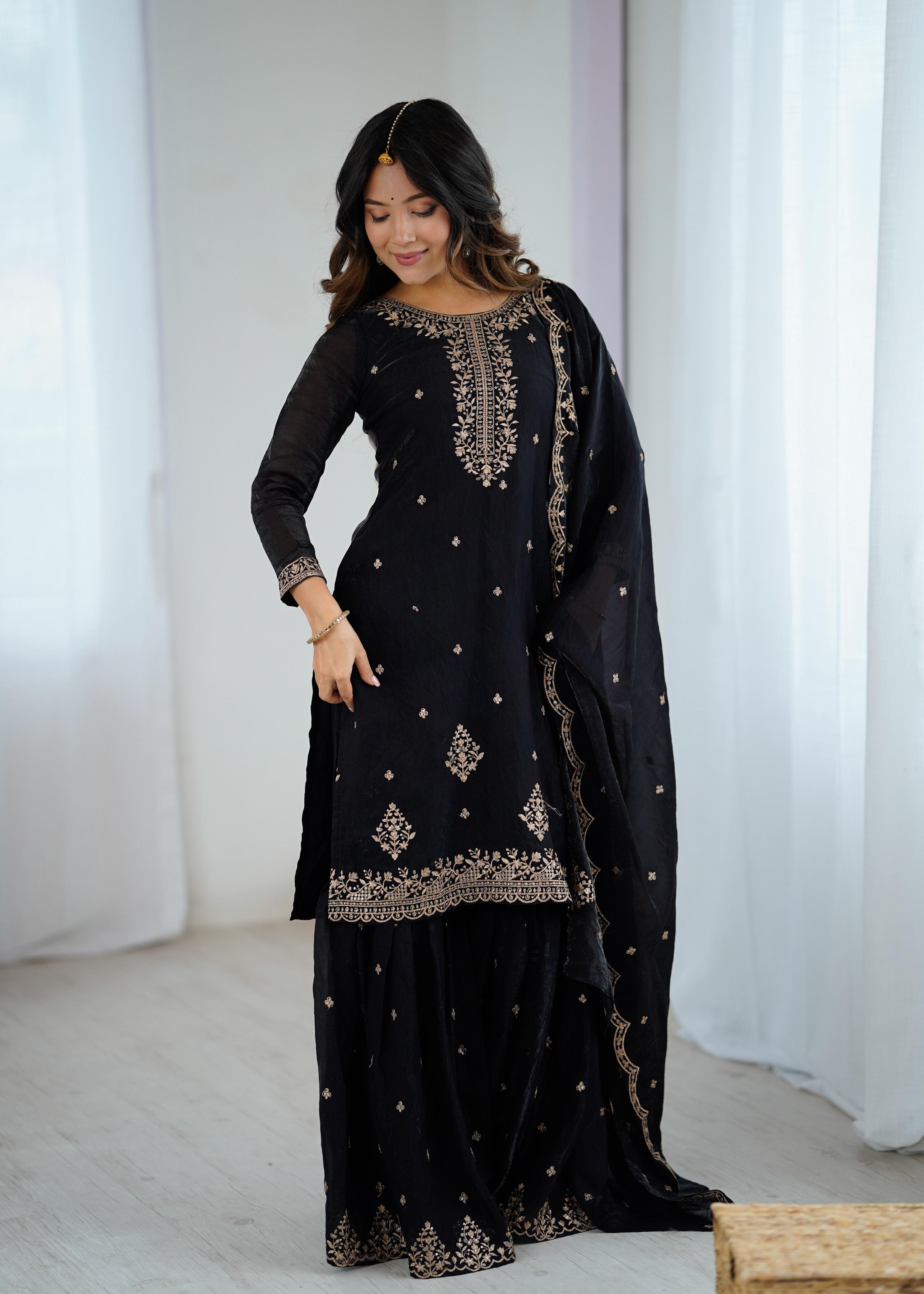 Black Pure Soft Crunchy Silk Kediya Set With Dupatta & Sharara