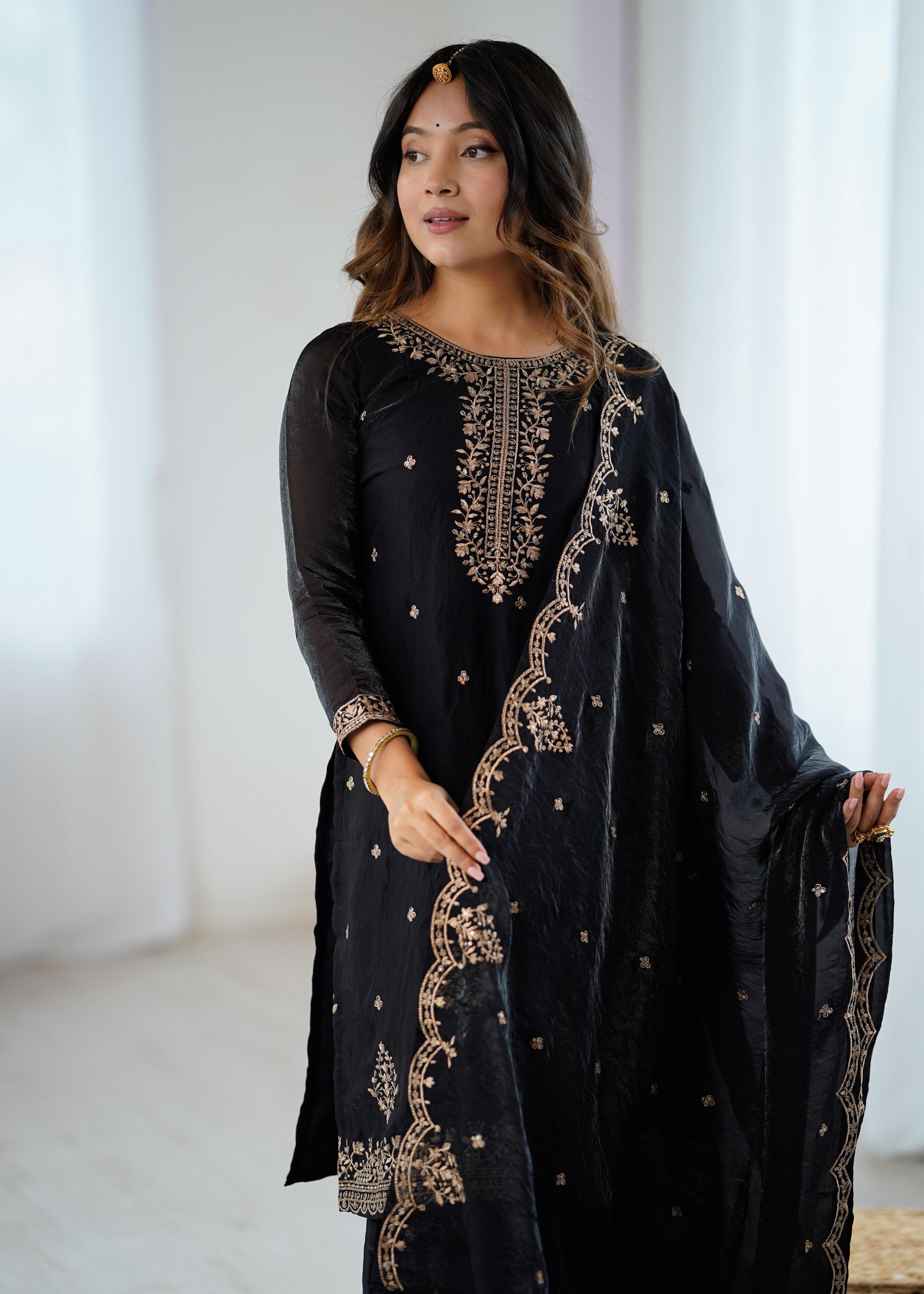 Black Pure Soft Crunchy Silk Kediya Set With Dupatta & Sharara