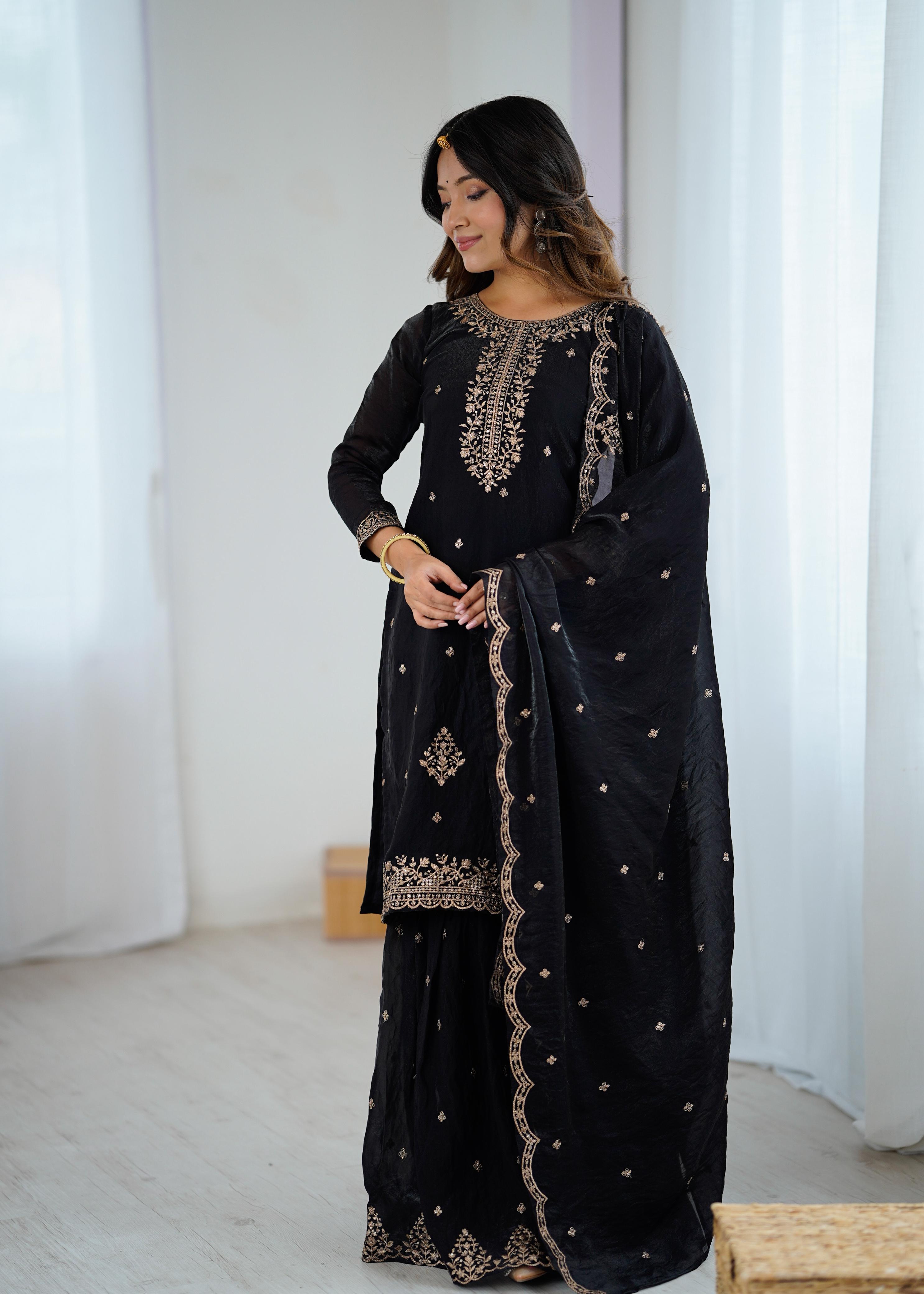 Black Pure Soft Crunchy Silk Kediya Set With Dupatta & Sharara