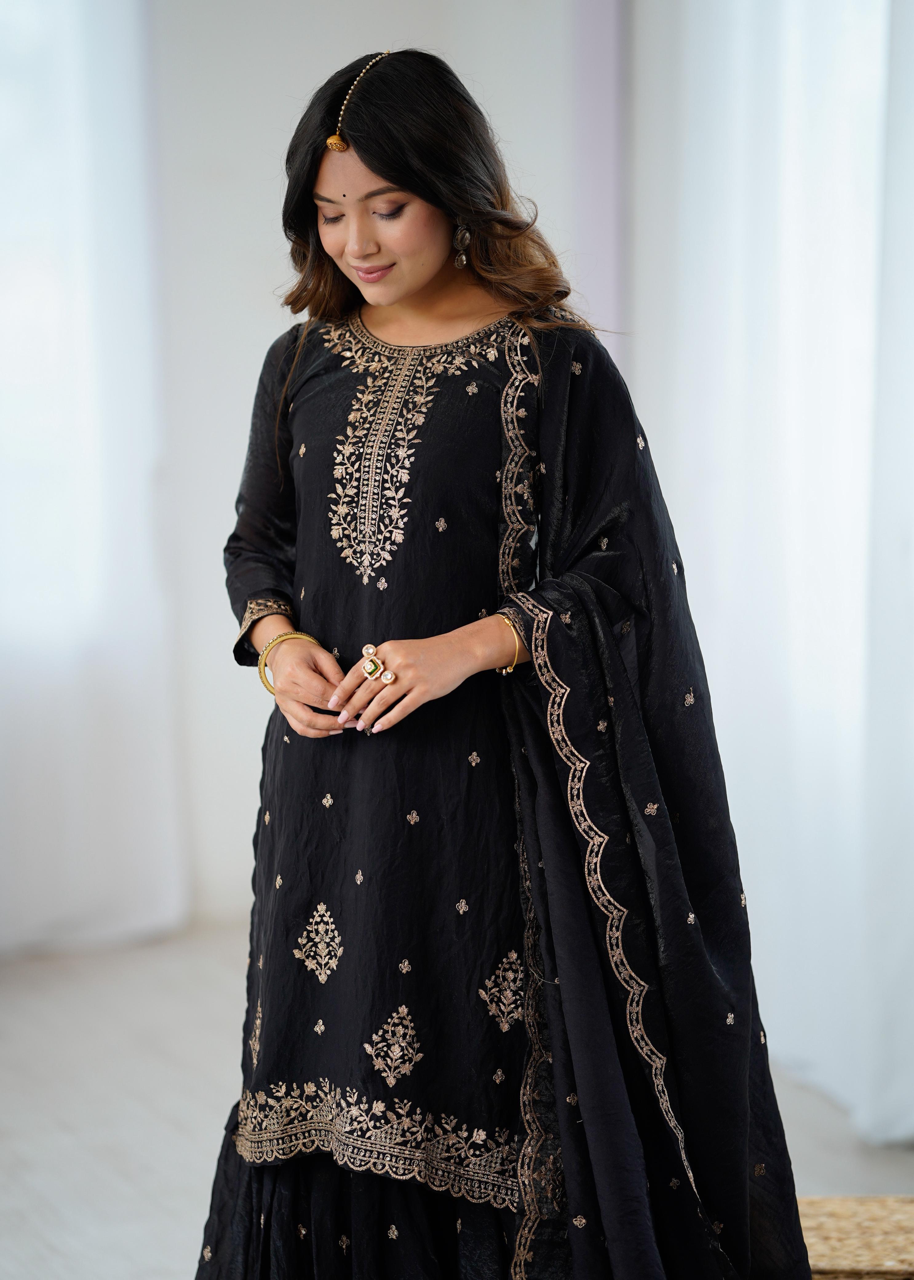 Black Pure Soft Crunchy Silk Kediya Set With Dupatta & Sharara