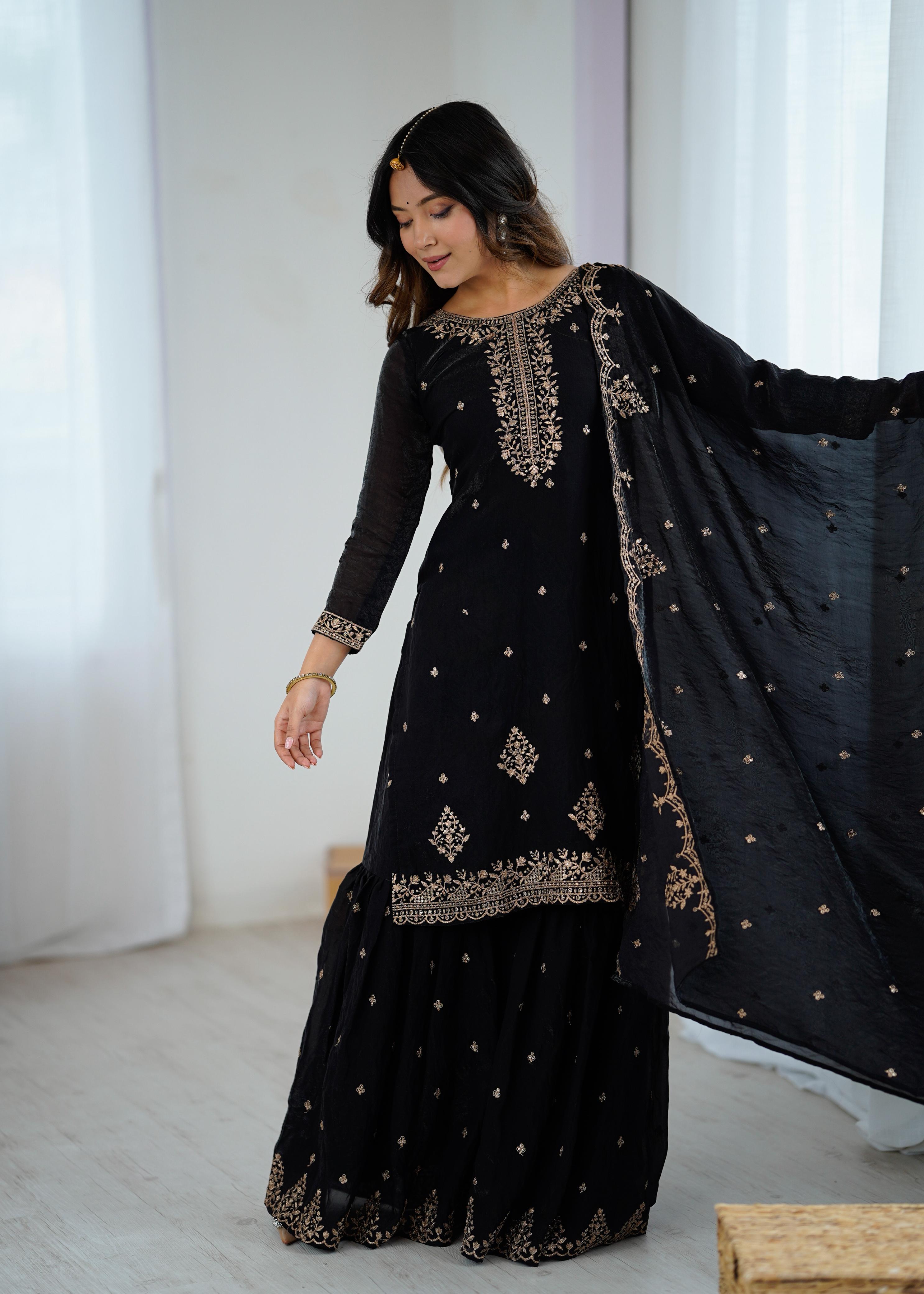 Black Pure Soft Crunchy Silk Kediya Set With Dupatta & Sharara