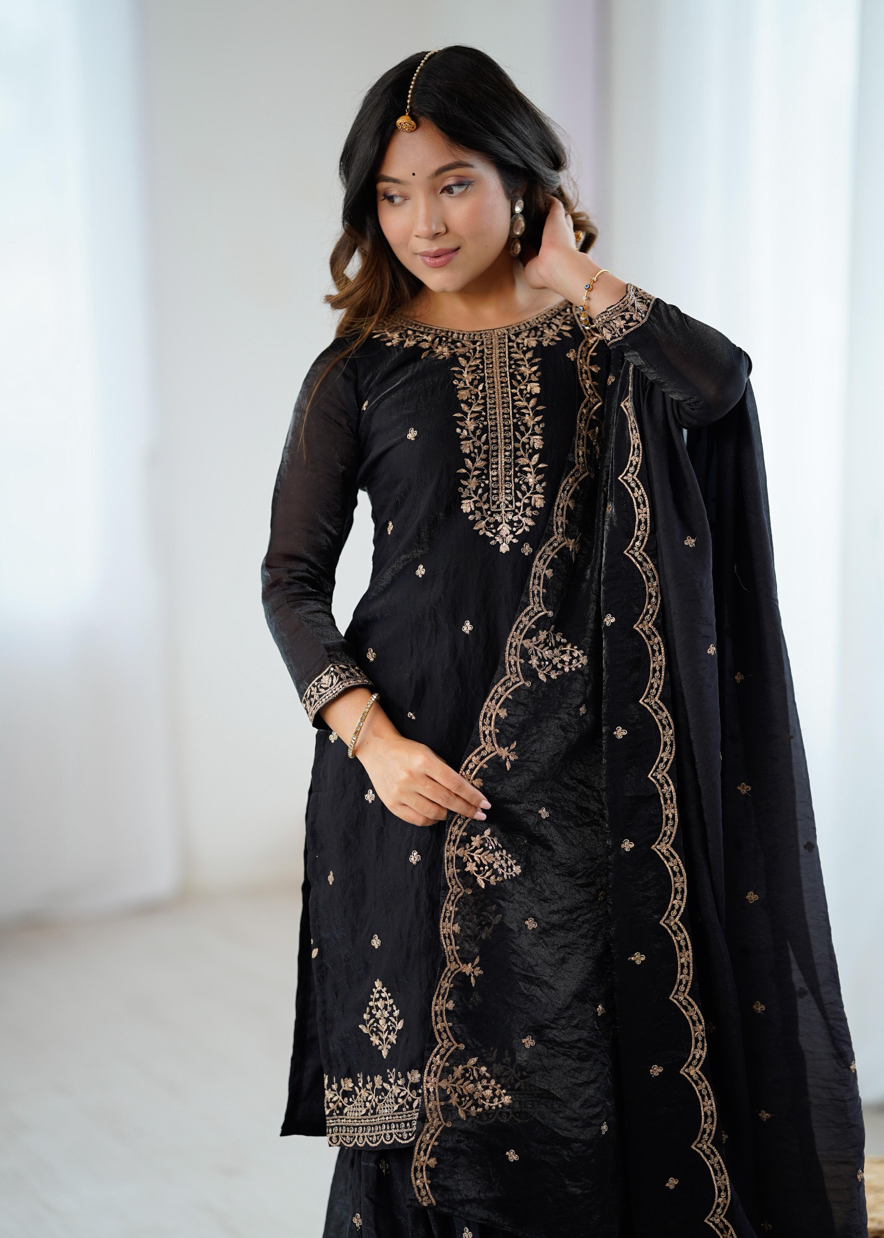 Black Pure Soft Crunchy Silk Kediya Set With Dupatta & Sharara