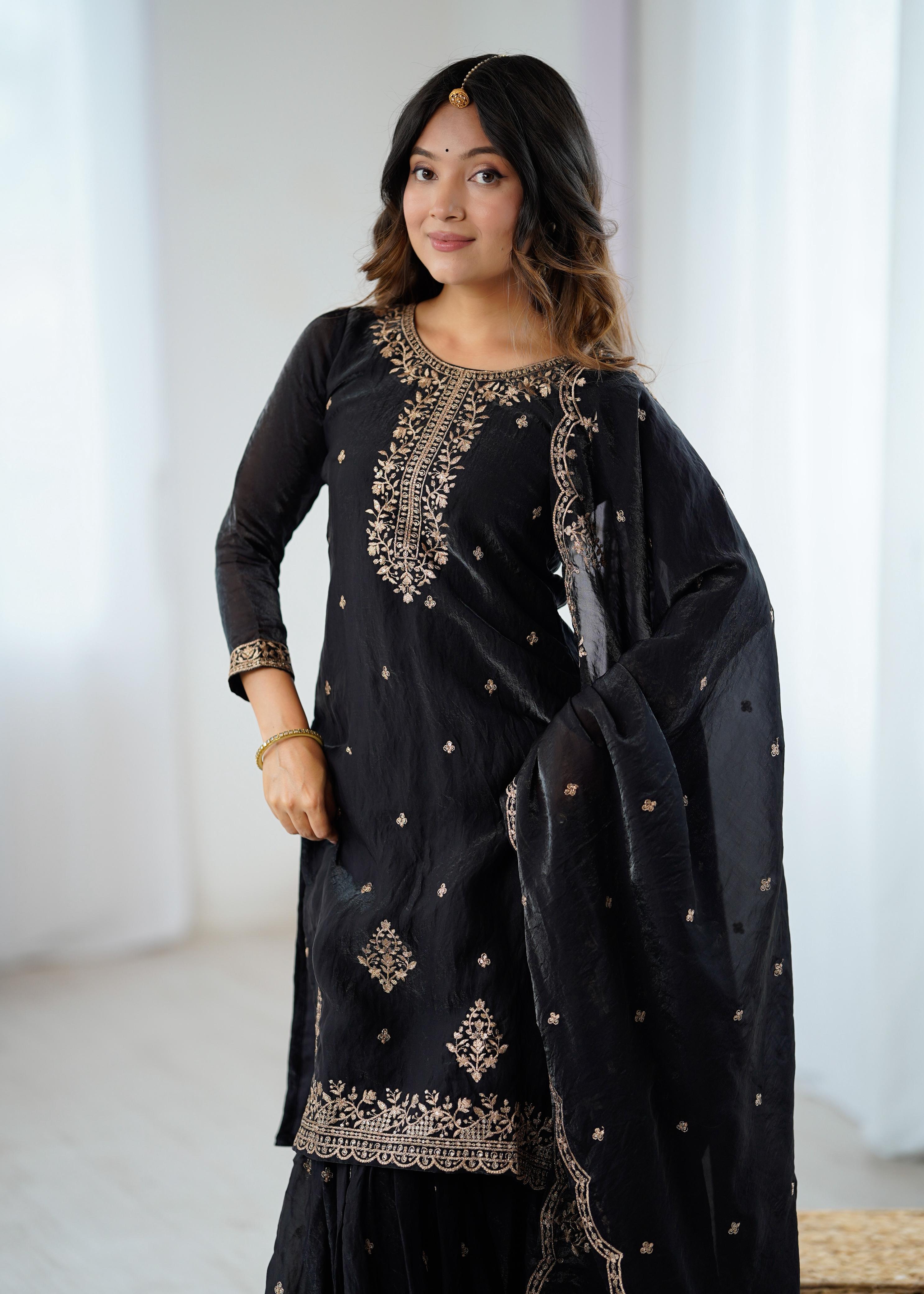 Black Pure Soft Crunchy Silk Kediya Set With Dupatta & Sharara