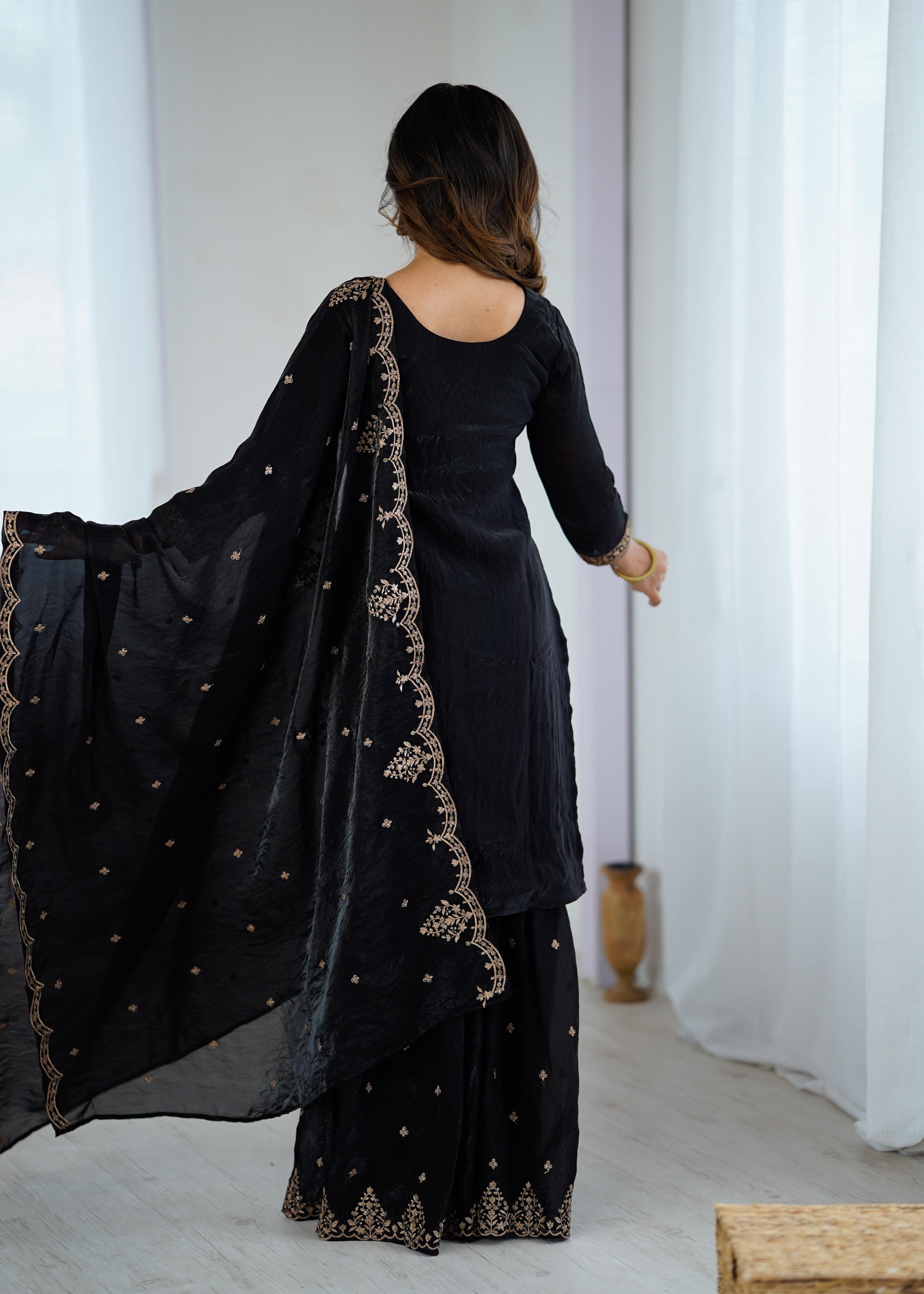 Black Pure Soft Crunchy Silk Kediya Set With Dupatta & Sharara