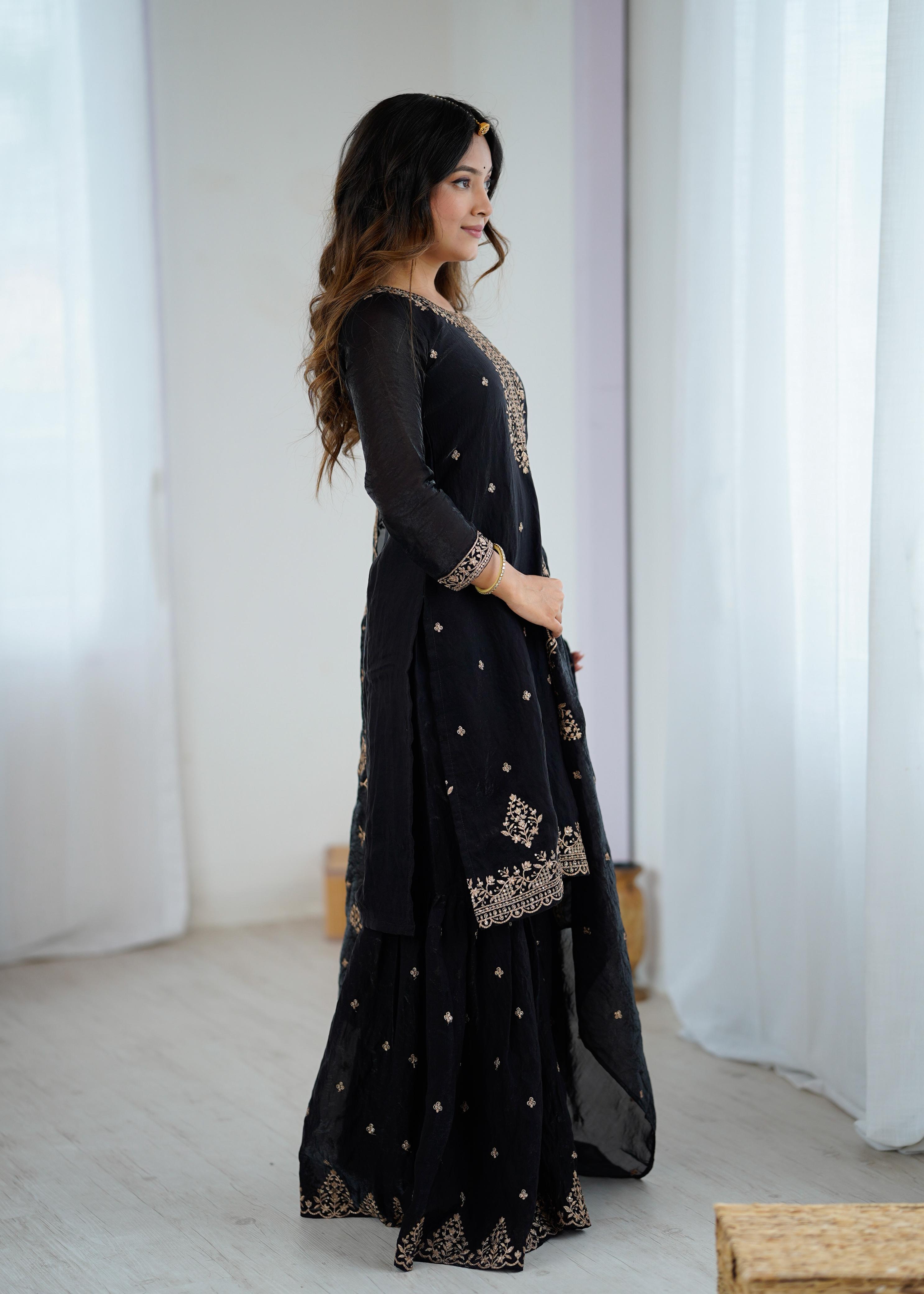 Black Pure Soft Crunchy Silk Kediya Set With Dupatta & Sharara